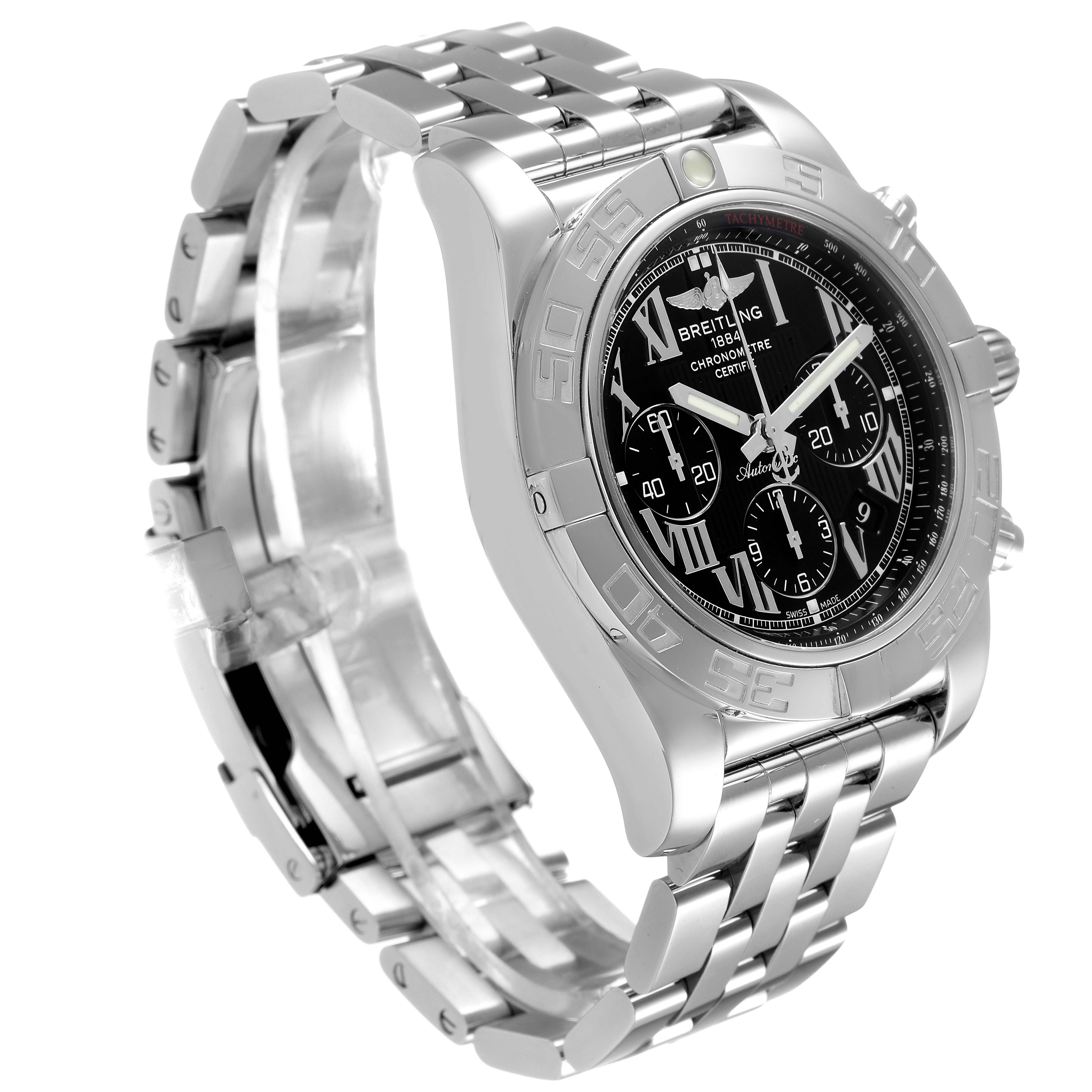 The image shows a side angle of the Breitling Chronomat AB0110 Men
s Stainless Steel Black Dial AB0110 Men
s Stainless Steel Black Dial watch, highlighting its stainless steel bracelet and black dial with chronograph sub-dials.