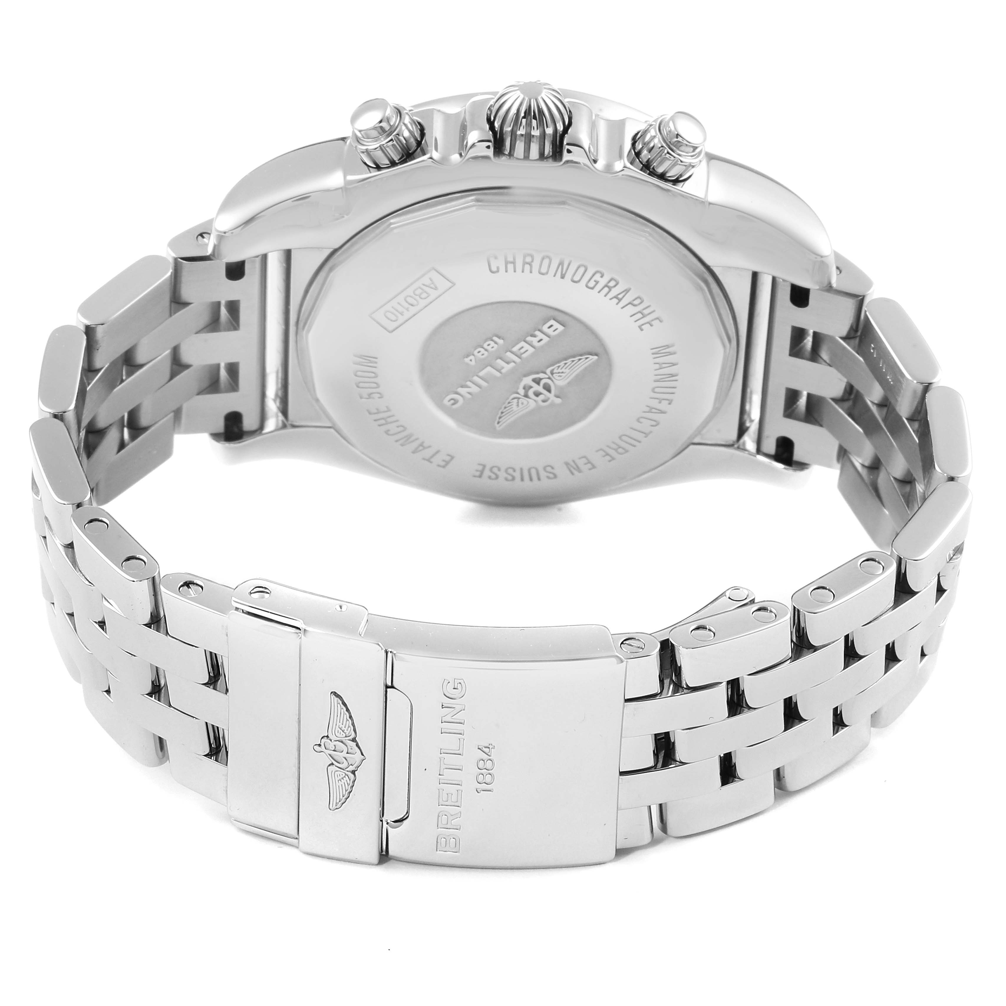 The image shows the back case, crown, pushers, and bracelet clasp of the Breitling Chronomat AB0110 Men
s Stainless Steel Black Dial AB0110 Men
s Stainless Steel Black Dial watch from a rear angle.