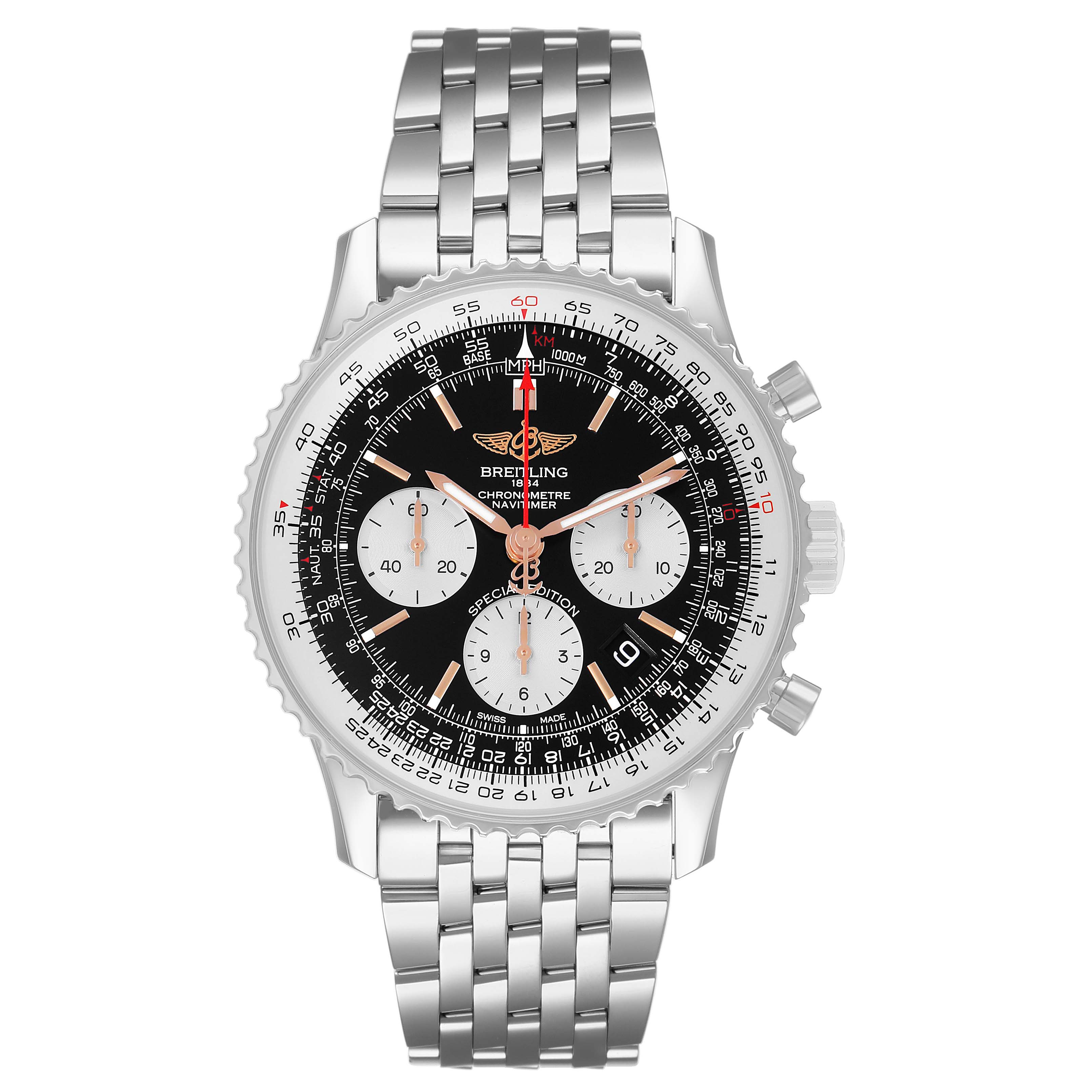 The Breitling Navitimer AB0121 Men's Stainless Steel Black Dial watch is shown from a front angle, displaying its black dial, chronograph subdials, and stainless steel bracelet.