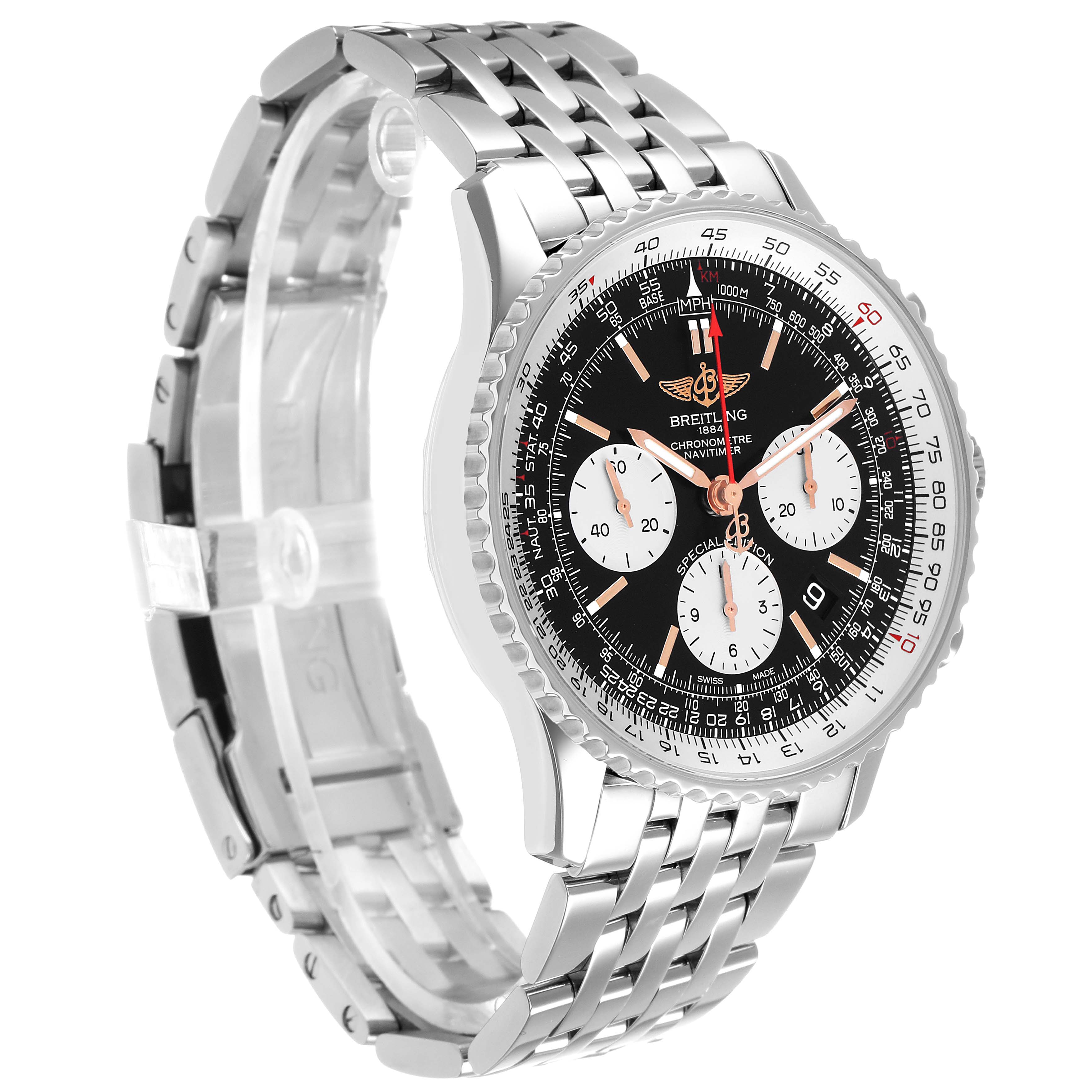 The Breitling Navitimer AB0121 Men's Stainless Steel Black Dial watch is shown at a three-quarter angle, highlighting its dial, bezel, and metal bracelet.