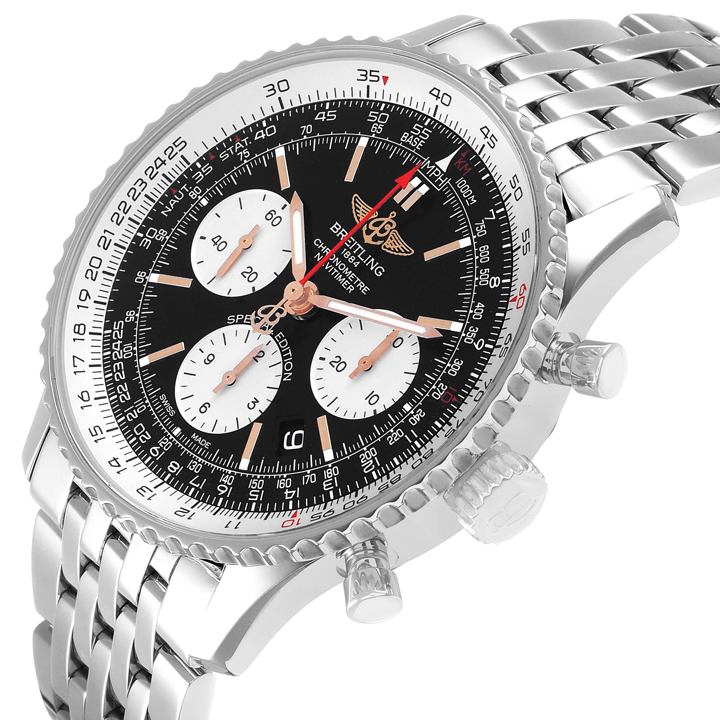 The Breitling Navitimer AB0121 Men's Stainless Steel Black Dial watch is shown at an angled side view, displaying its bezel, crown, chronograph pushers, and bracelet.