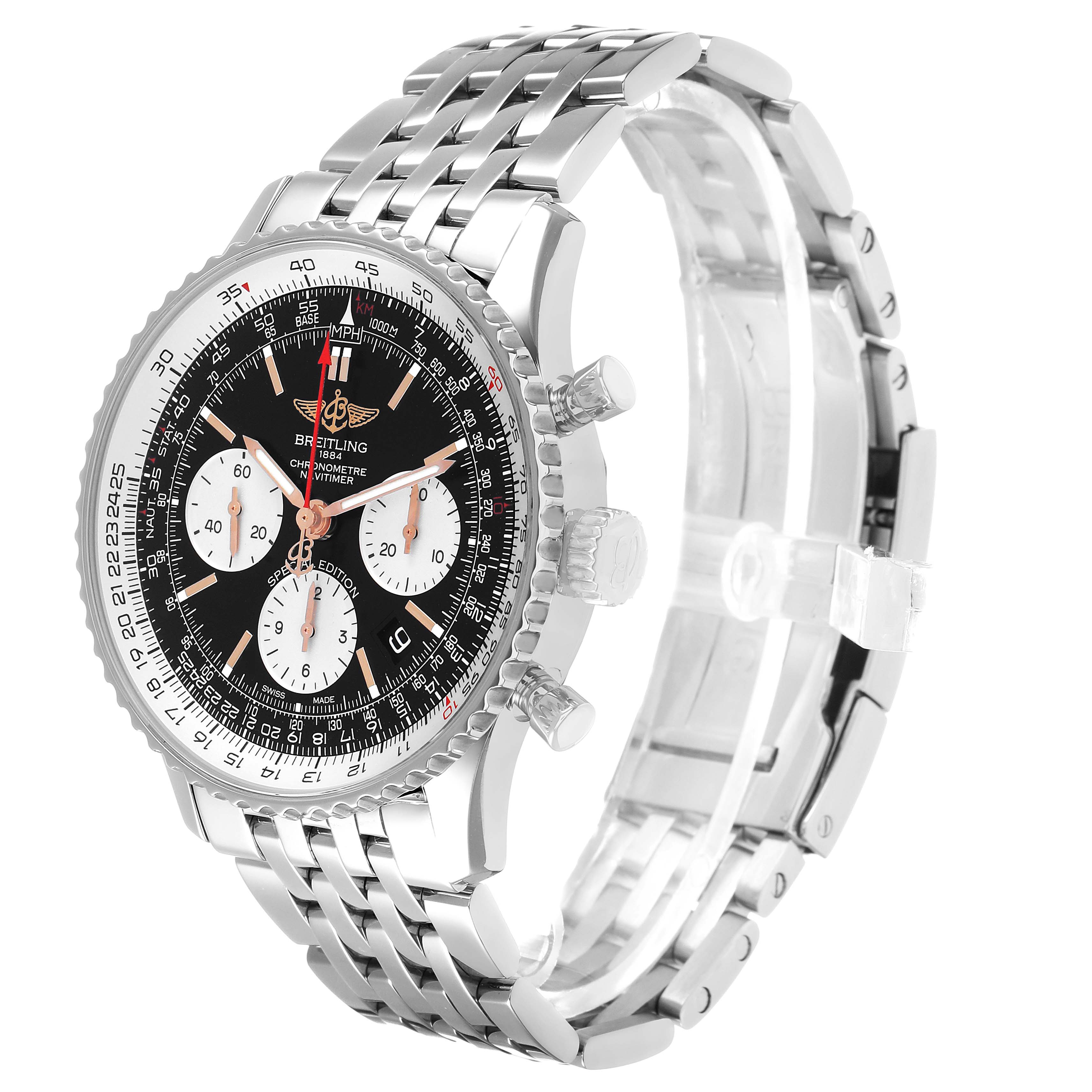 The Breitling Navitimer AB0121 Men's Stainless Steel Black Dial watch is shown from a front side angle, highlighting the face, bezel, and bracelet.