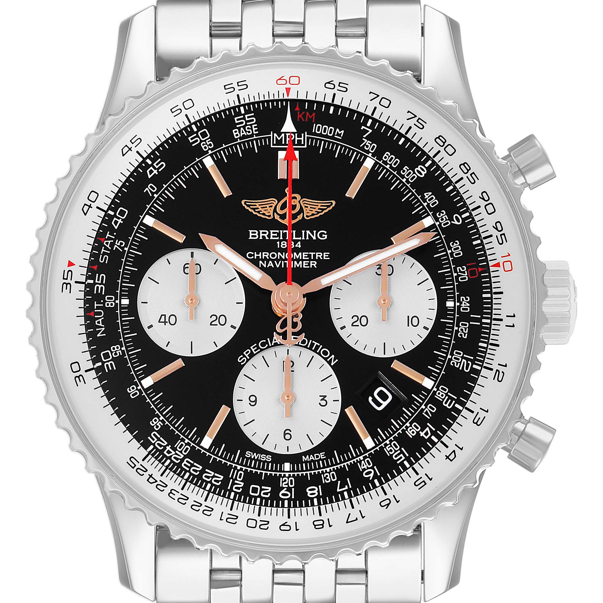 The Breitling Navitimer AB0121 Men's Stainless Steel Black Dial watch is shown from the front, featuring a detailed view of the dial, sub-dials, and bezel.