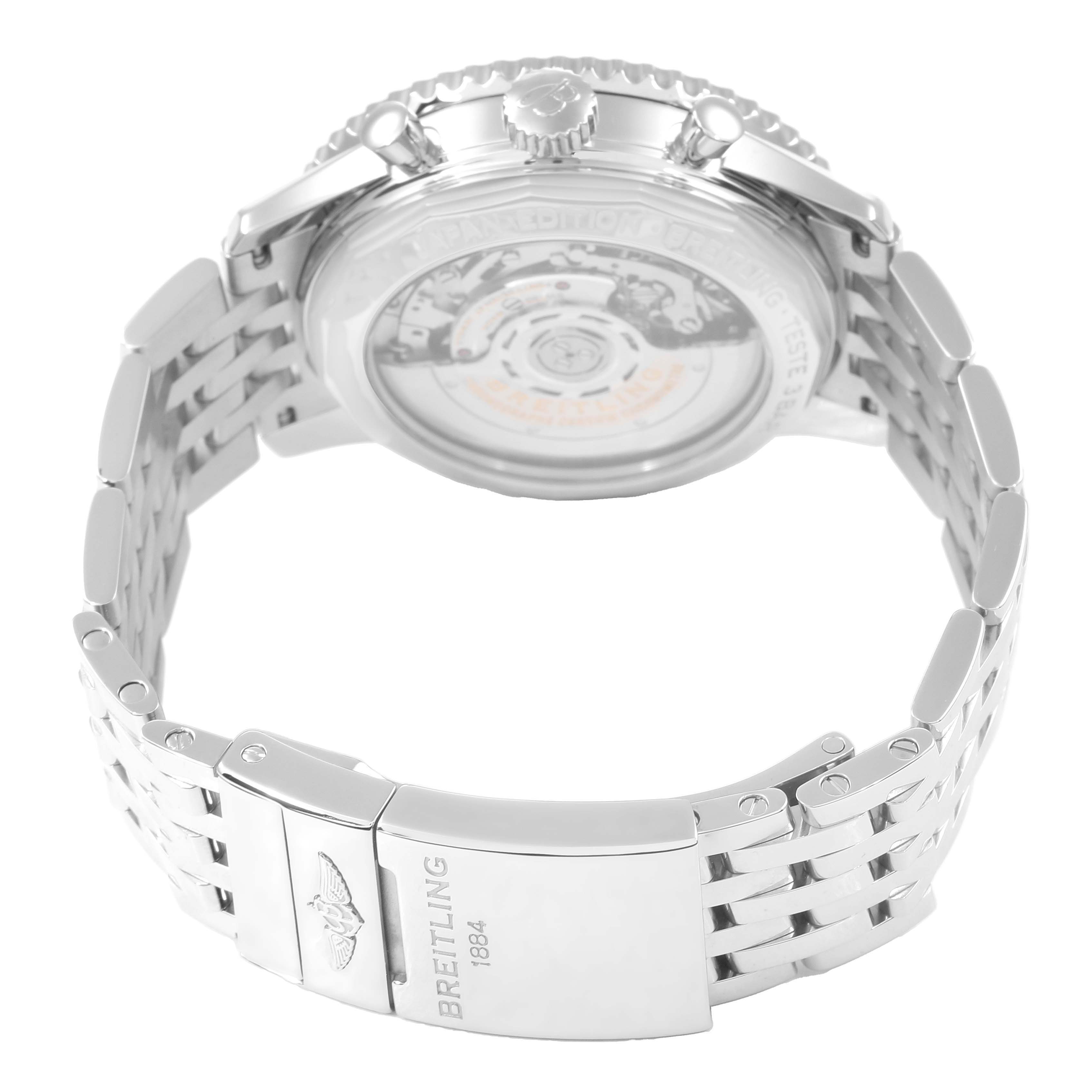 The image shows the back view of a Breitling Navitimer AB0121 Men's Stainless Steel Black Dial, highlighting the clasp, bracelet, and transparent case back.