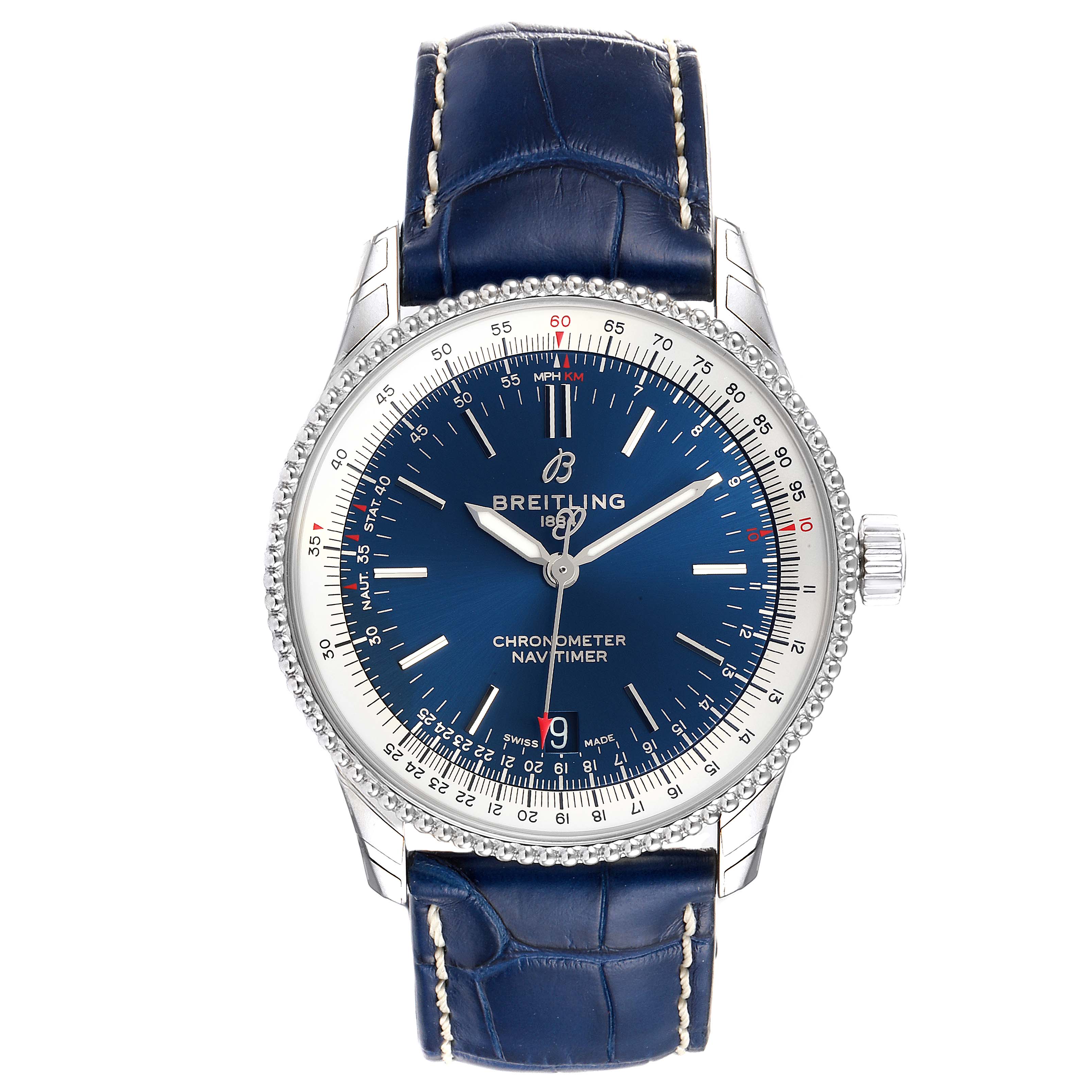 This image shows a Breitling Navitimer A17325 Men's Stainless Steel Blue Dial A17325 Men's Stainless Steel Blue Dial watch from a front view, highlighting its blue dial, bezel, and leather strap.