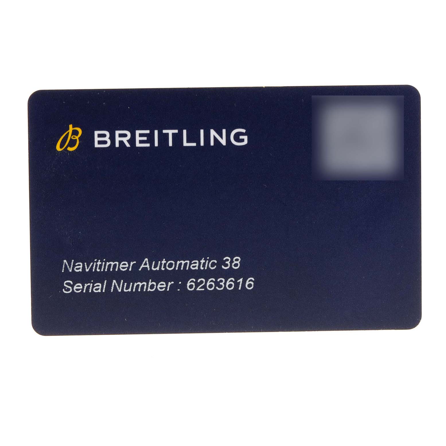 The image shows an identification card for the Breitling Navitimer A17325 Men's Stainless Steel Blue Dial A17325 Men's Stainless Steel Blue Dial Automatic 38 with its serial number displayed.
