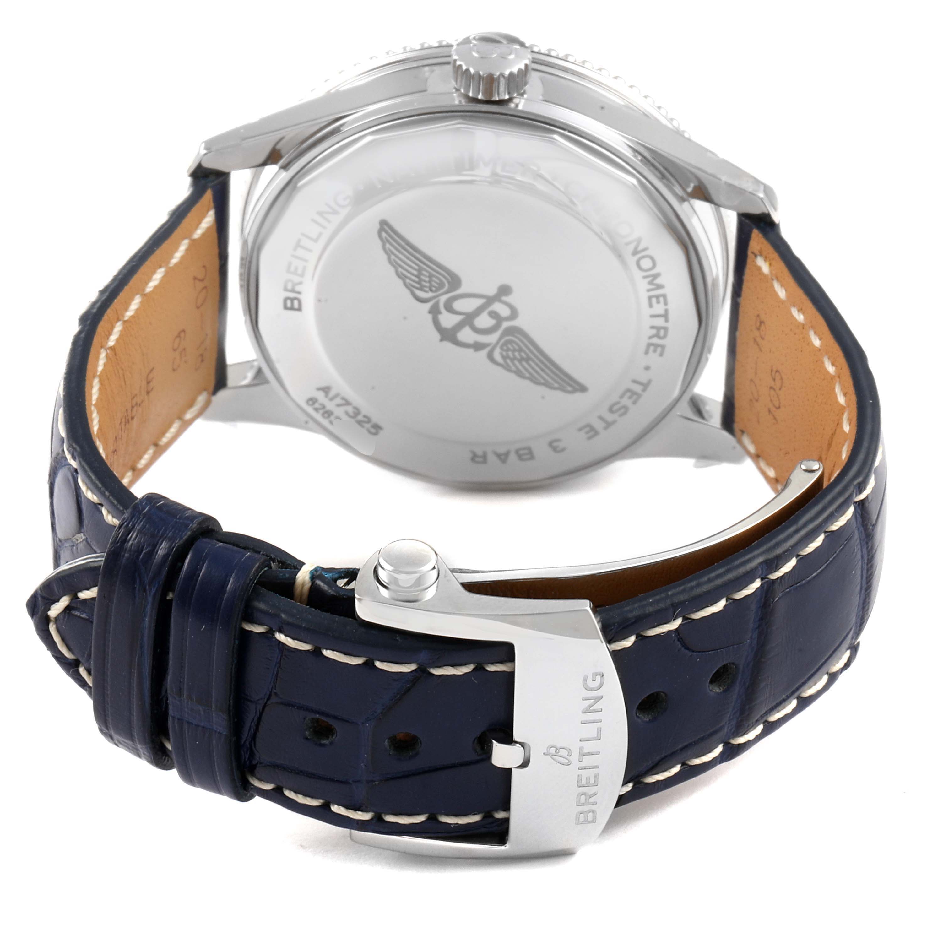 This image shows the back case and blue leather strap with the buckle of a Breitling Navitimer A17325 Men's Stainless Steel Blue Dial A17325 Men's Stainless Steel Blue Dial watch.