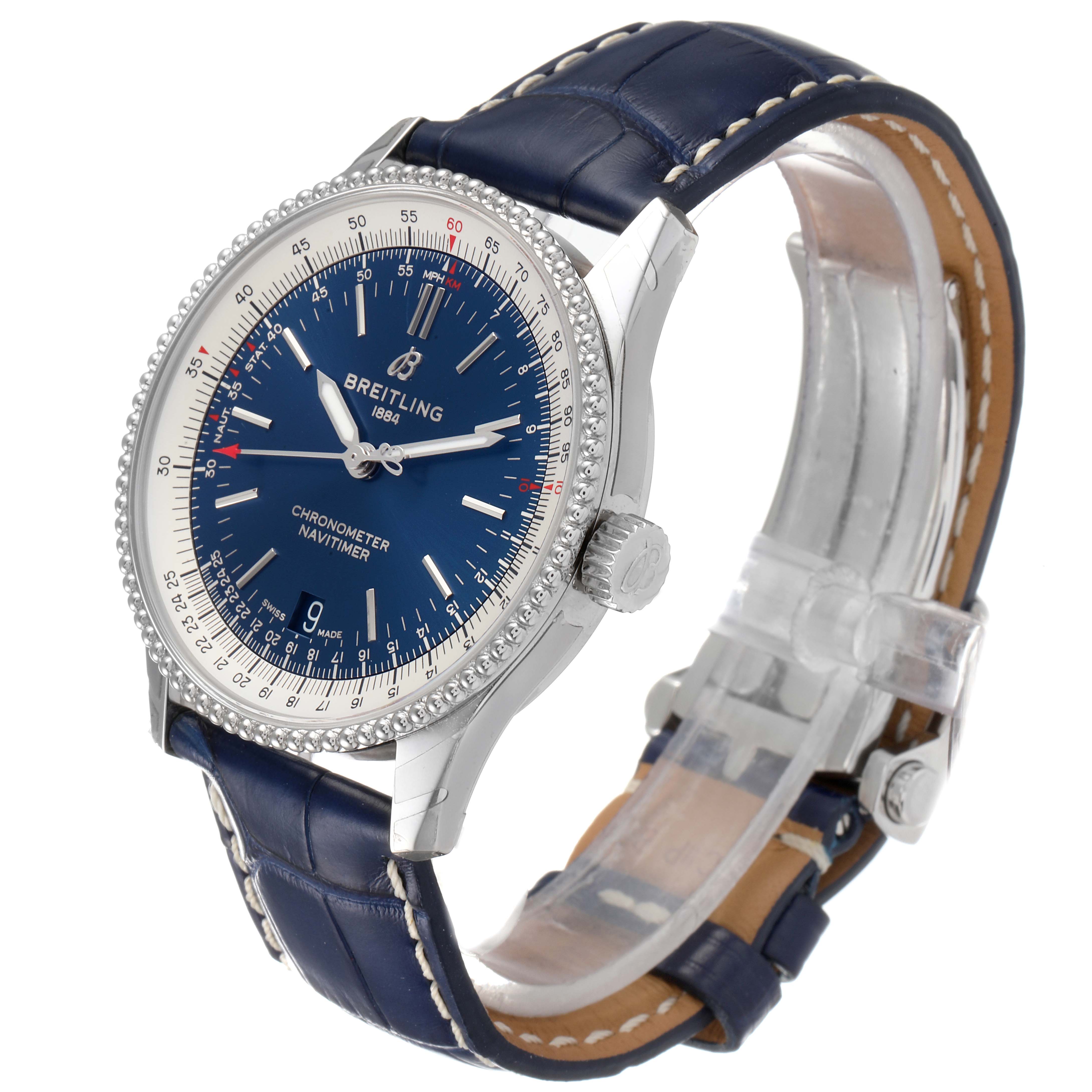 The Breitling Navitimer A17325 Men's Stainless Steel Blue Dial A17325 Men's Stainless Steel Blue Dial watch is displayed at a three-quarter angle, showing the dial, case, crown, and leather strap.