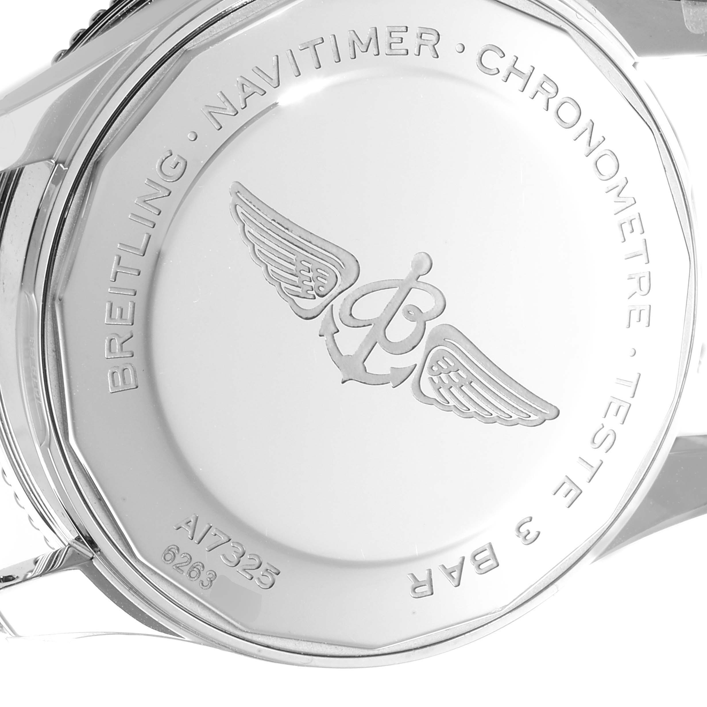 This image shows the back case of a Breitling Navitimer A17325 Men's Stainless Steel Blue Dial A17325 Men's Stainless Steel Blue Dial watch, featuring the brand's logo and inscriptions.