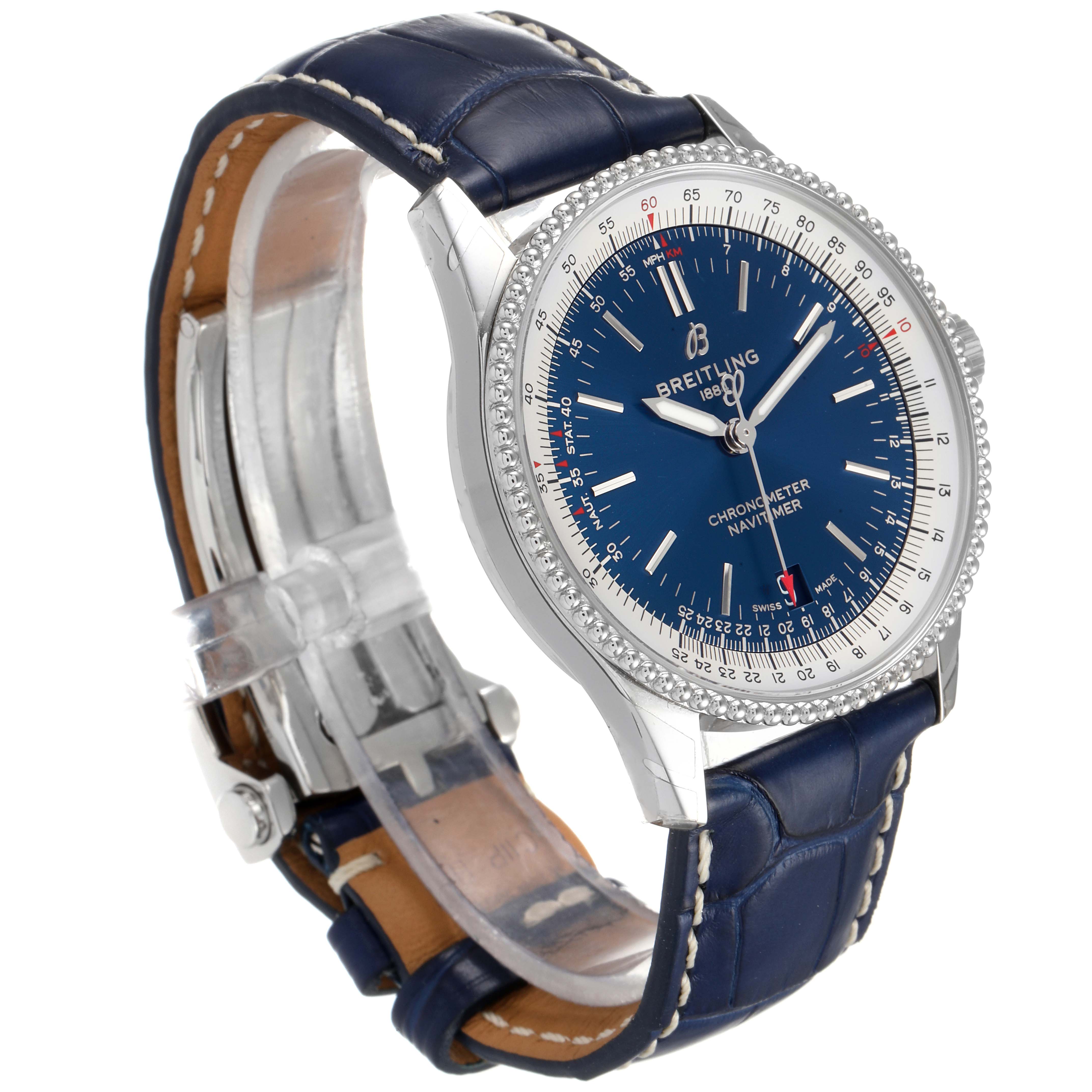 This Breitling Navitimer A17325 Men's Stainless Steel Blue Dial A17325 Men's Stainless Steel Blue Dial watch is shown at a slight side angle, showcasing the dial, bezel, case, and leather strap.