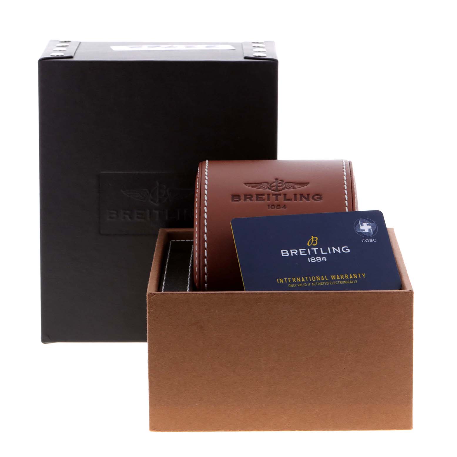 The image shows the packaging, leather watch case, and international warranty card for a Breitling Navitimer A17325 Men's Stainless Steel Blue Dial A17325 Men's Stainless Steel Blue Dial watch.