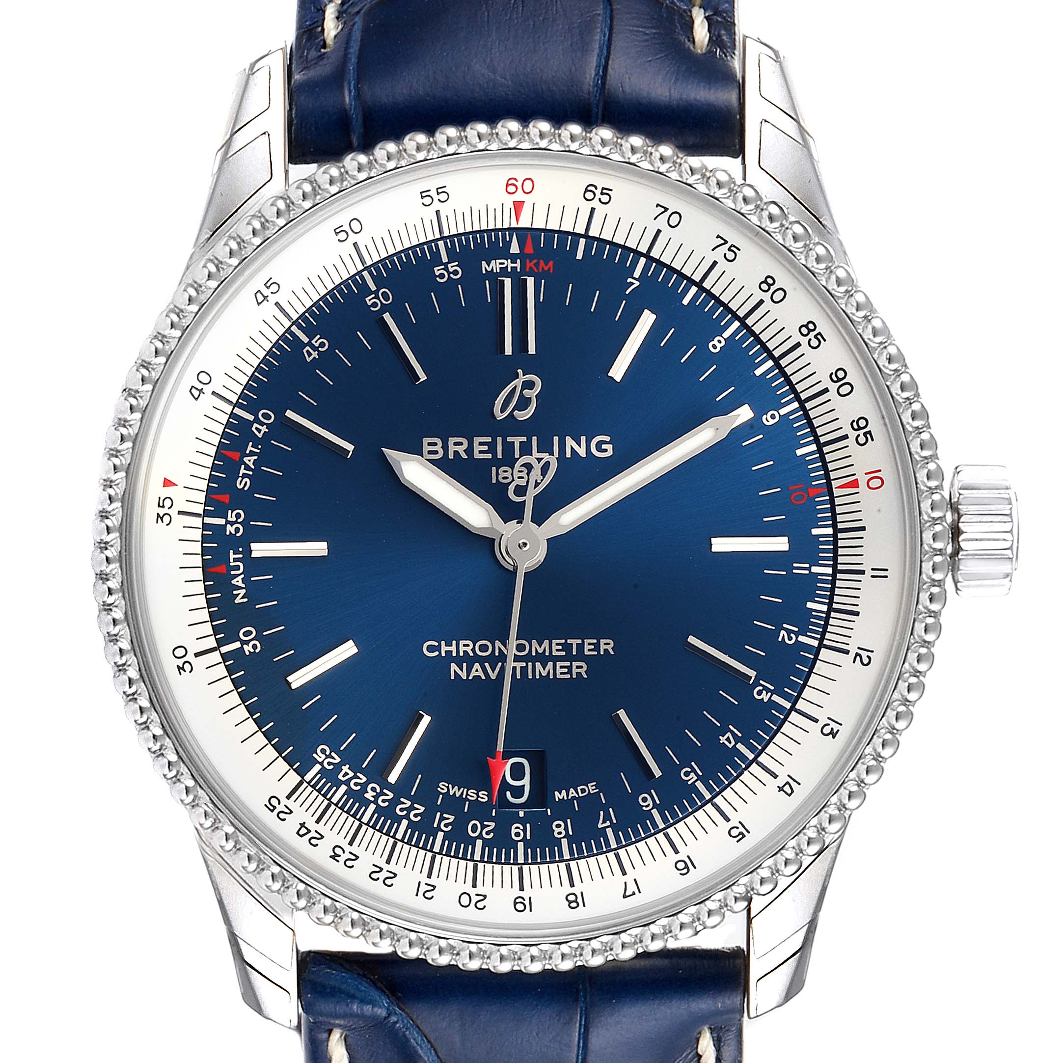 This image shows a front view of the Breitling Navitimer A17325 Men's Stainless Steel Blue Dial A17325 Men's Stainless Steel Blue Dial with its blue dial, bezel, hands, and part of the leather strap.