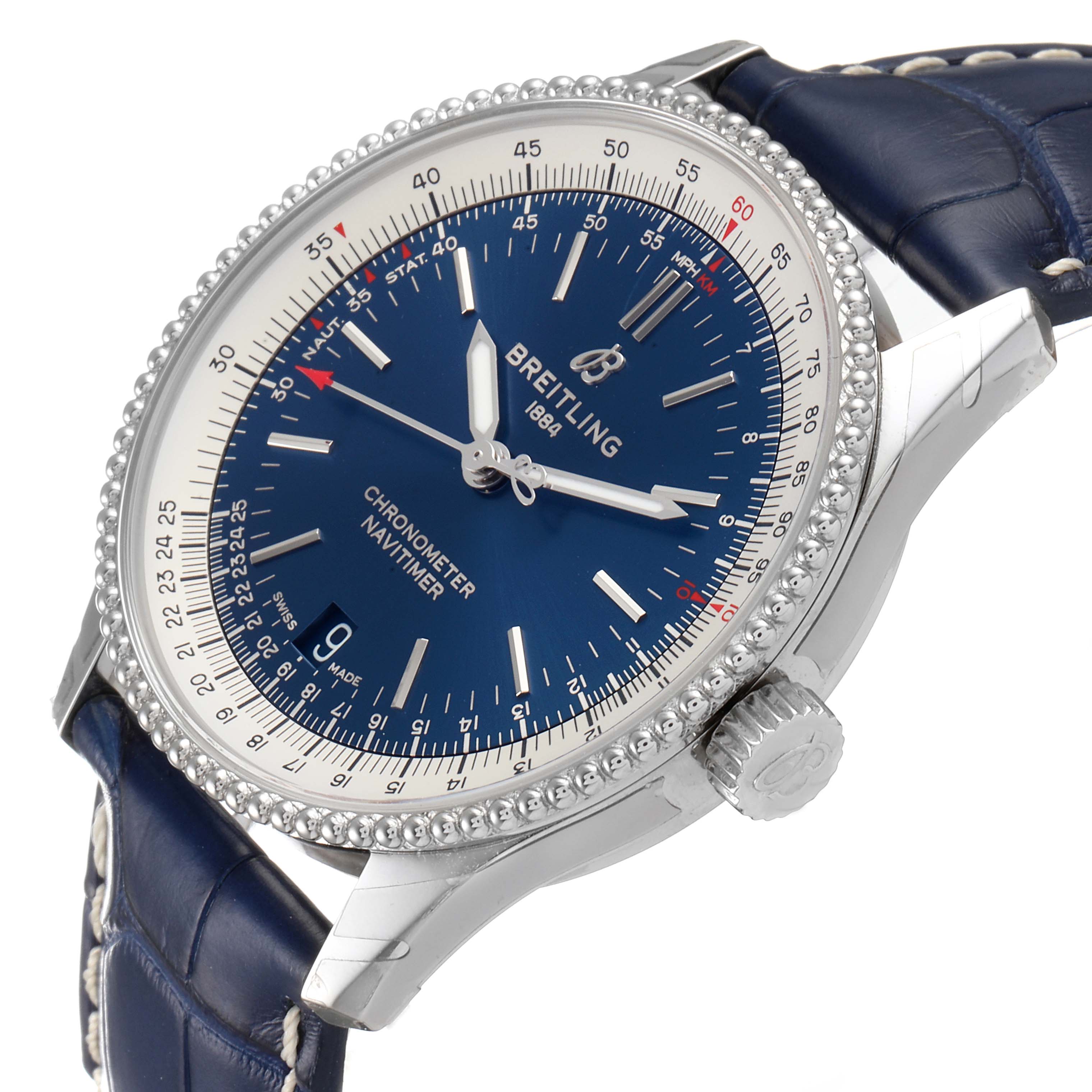The image shows a Breitling Navitimer A17325 Men's Stainless Steel Blue Dial A17325 Men's Stainless Steel Blue Dial watch from a three-quarter angle, highlighting its blue dial, bezel, and leather strap.