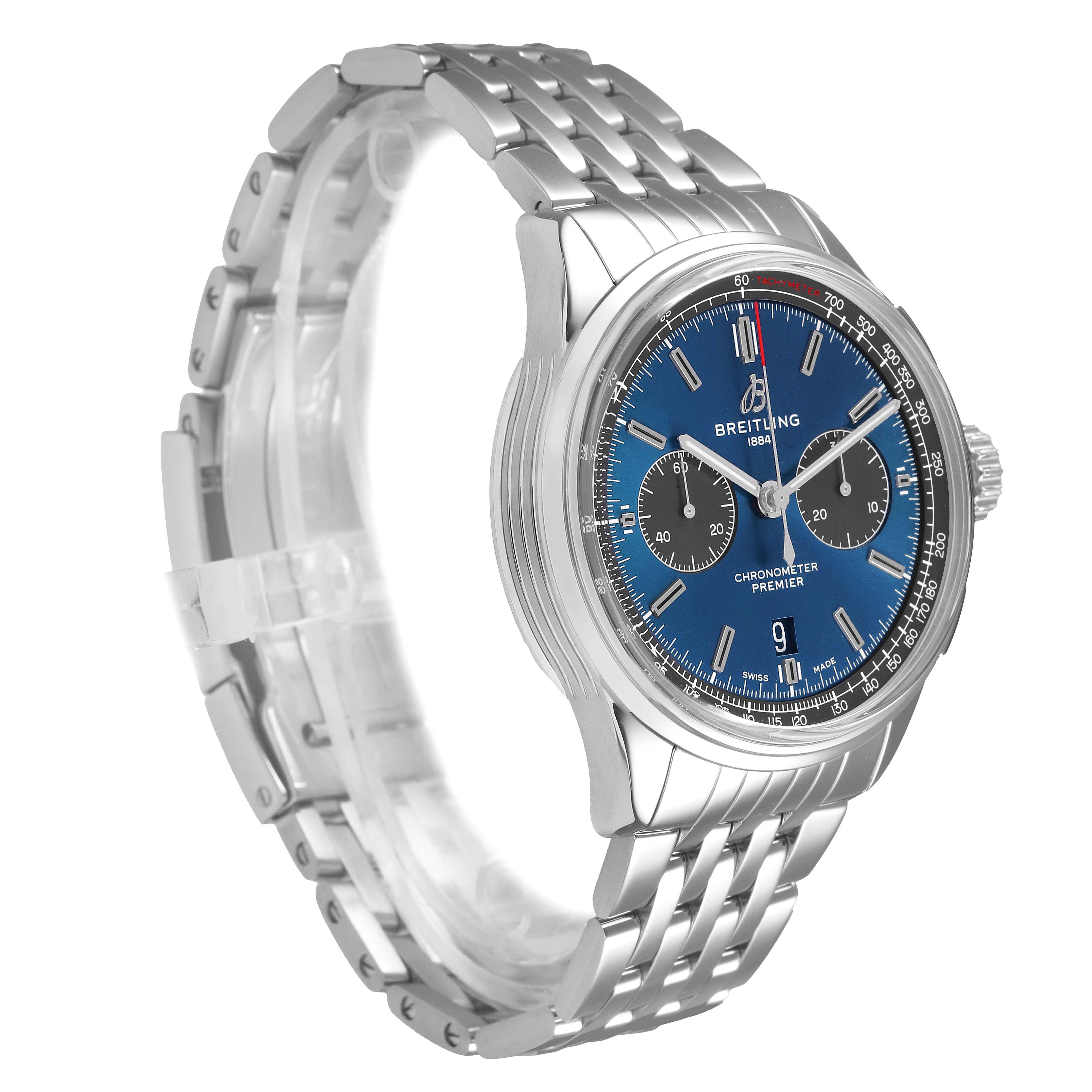 The Breitling Premier AB0118 Men's Stainless Steel Blue Dial watch is shown from a front-side angle, highlighting its blue dial, chronograph subdials, and metal bracelet.