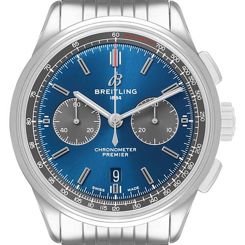 The Breitling Premier AB0118 Men's Stainless Steel Blue Dial watch is shown from the front, displaying its blue dial, two subdials, date window, and tachymeter.