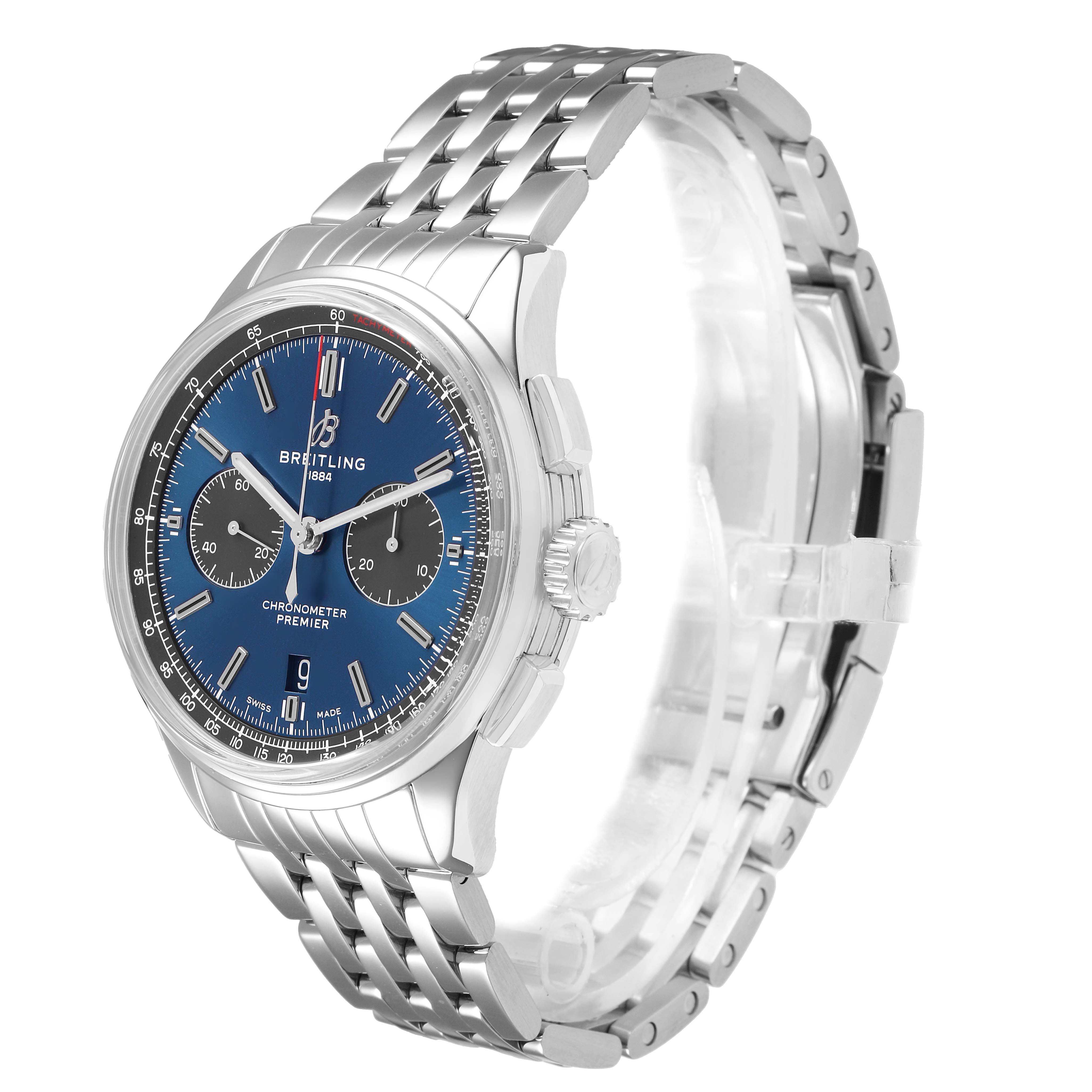 The Breitling Premier AB0118 Men's Stainless Steel Blue Dial watch is shown at an angle highlighting its face, case, crown, and bracelet.