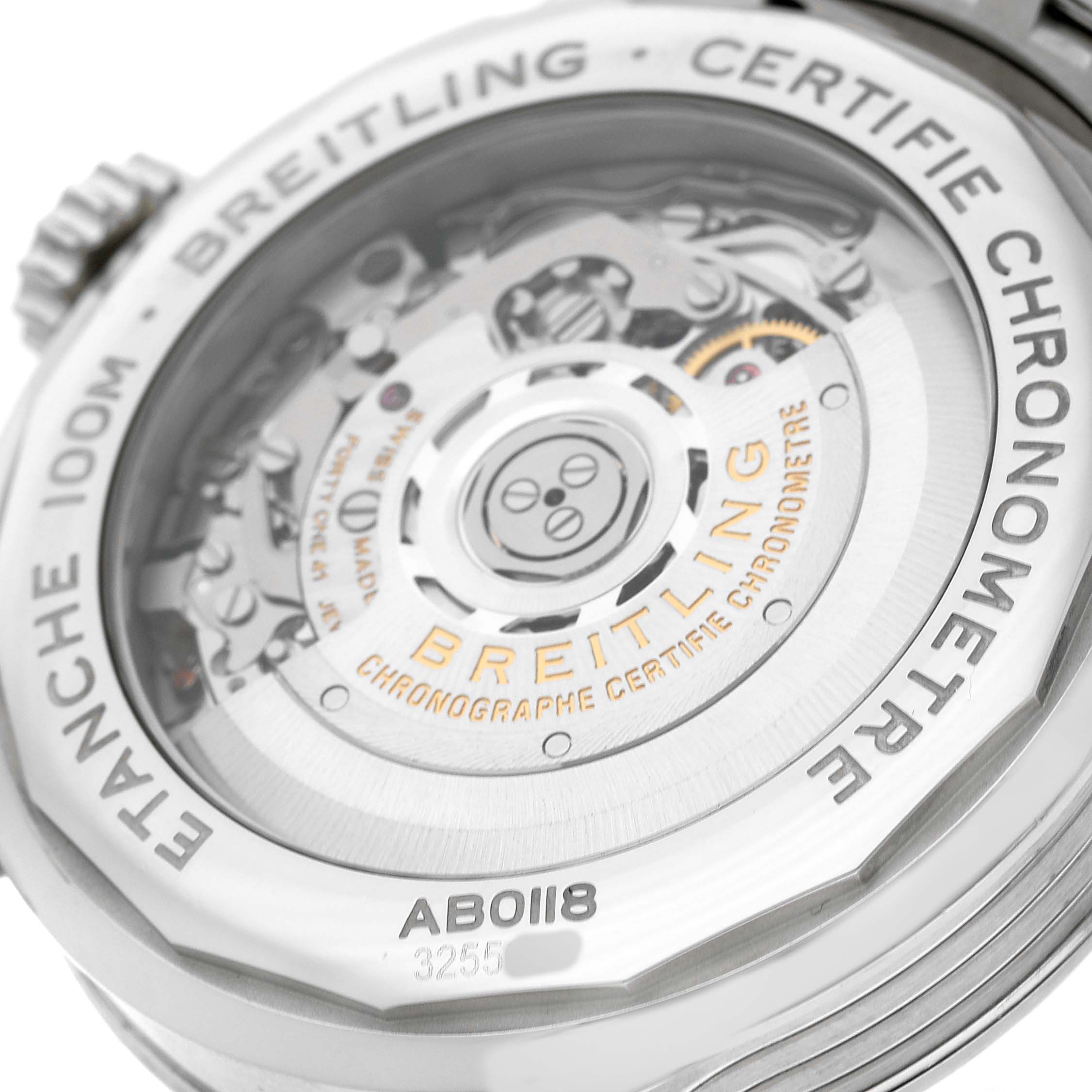 This image shows the Breitling Premier AB0118 Men's Stainless Steel Blue Dial watch's case back and movement, highlighting the chronometer certification.