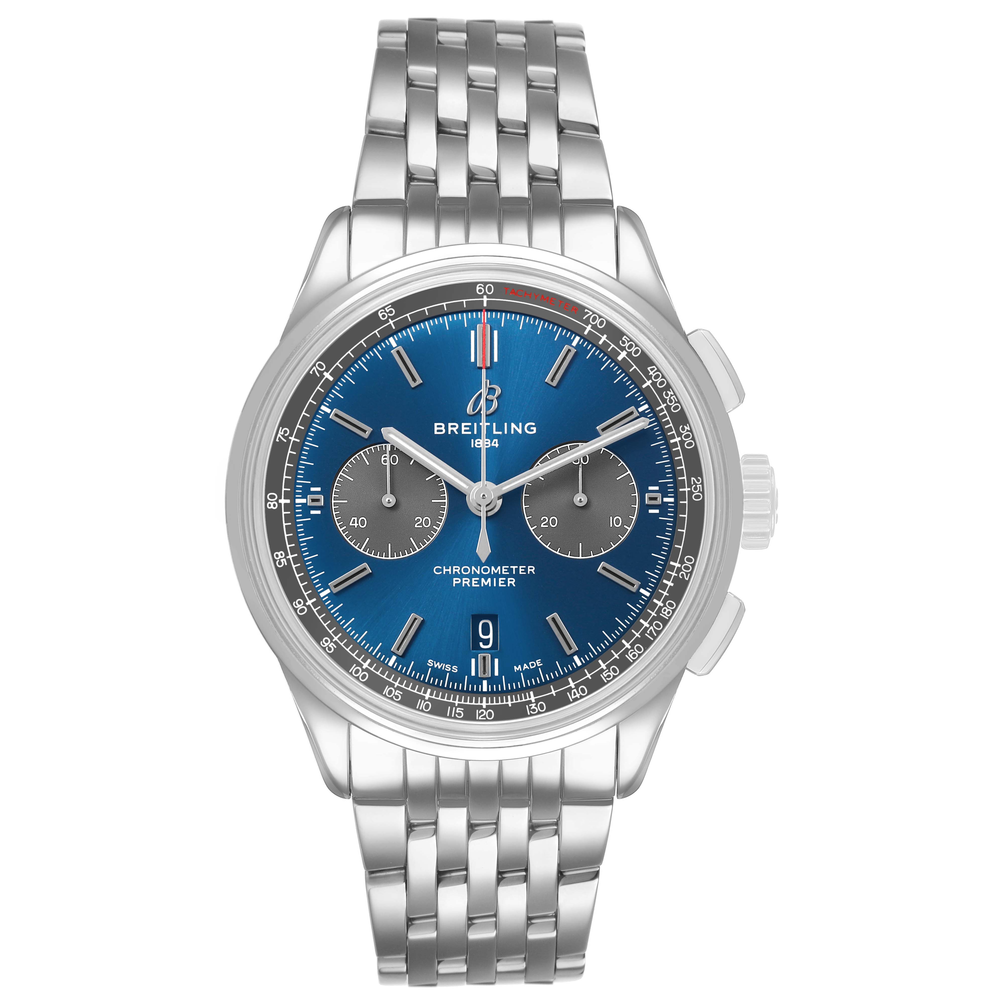 The Breitling Premier AB0118 Men's Stainless Steel Blue Dial watch is shown from a front angle, featuring the dial, bracelet, and side pushers.