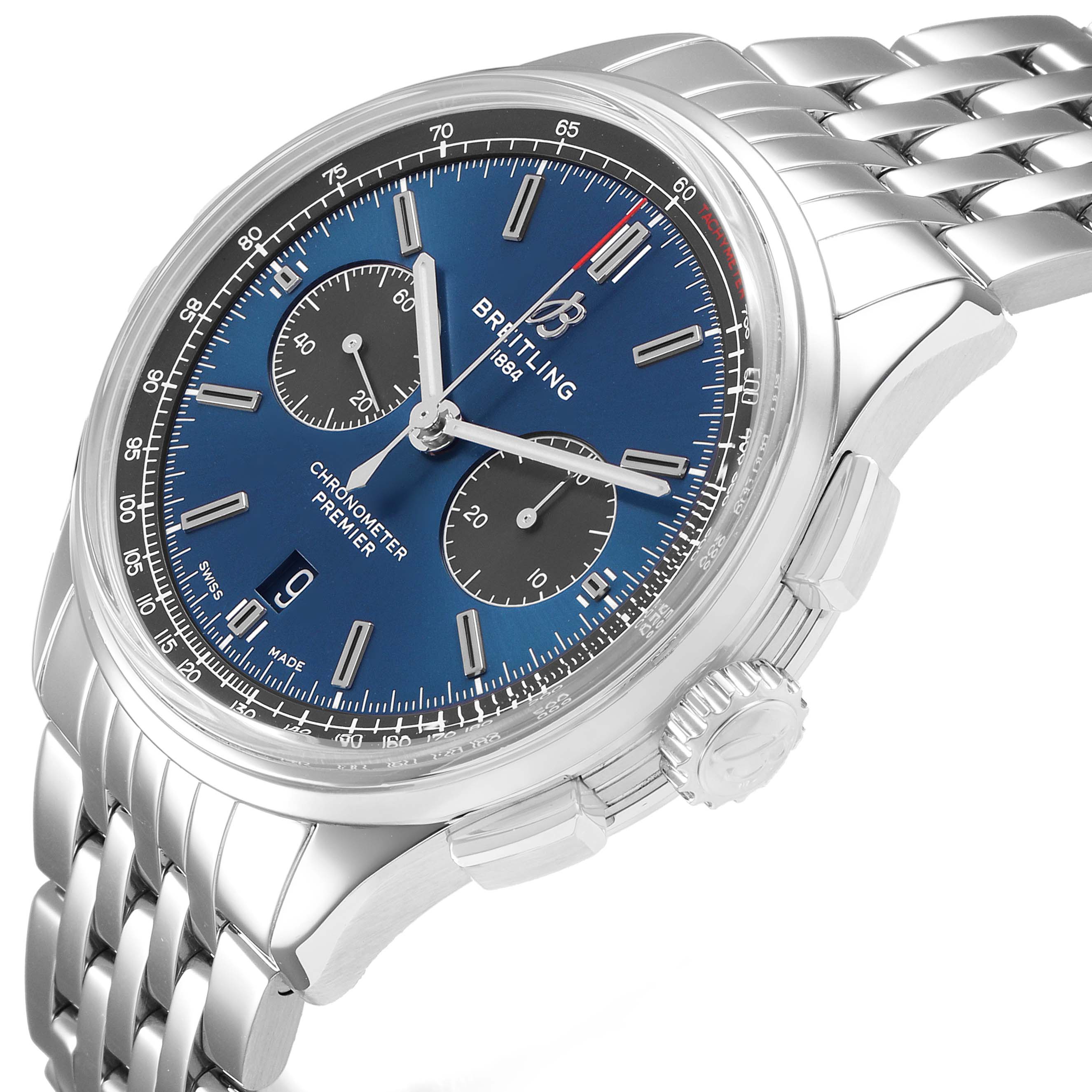 The Breitling Premier AB0118 Men's Stainless Steel Blue Dial watch is shown at a three-quarter angle, displaying its blue dial, chronograph subdials, and metal bracelet.