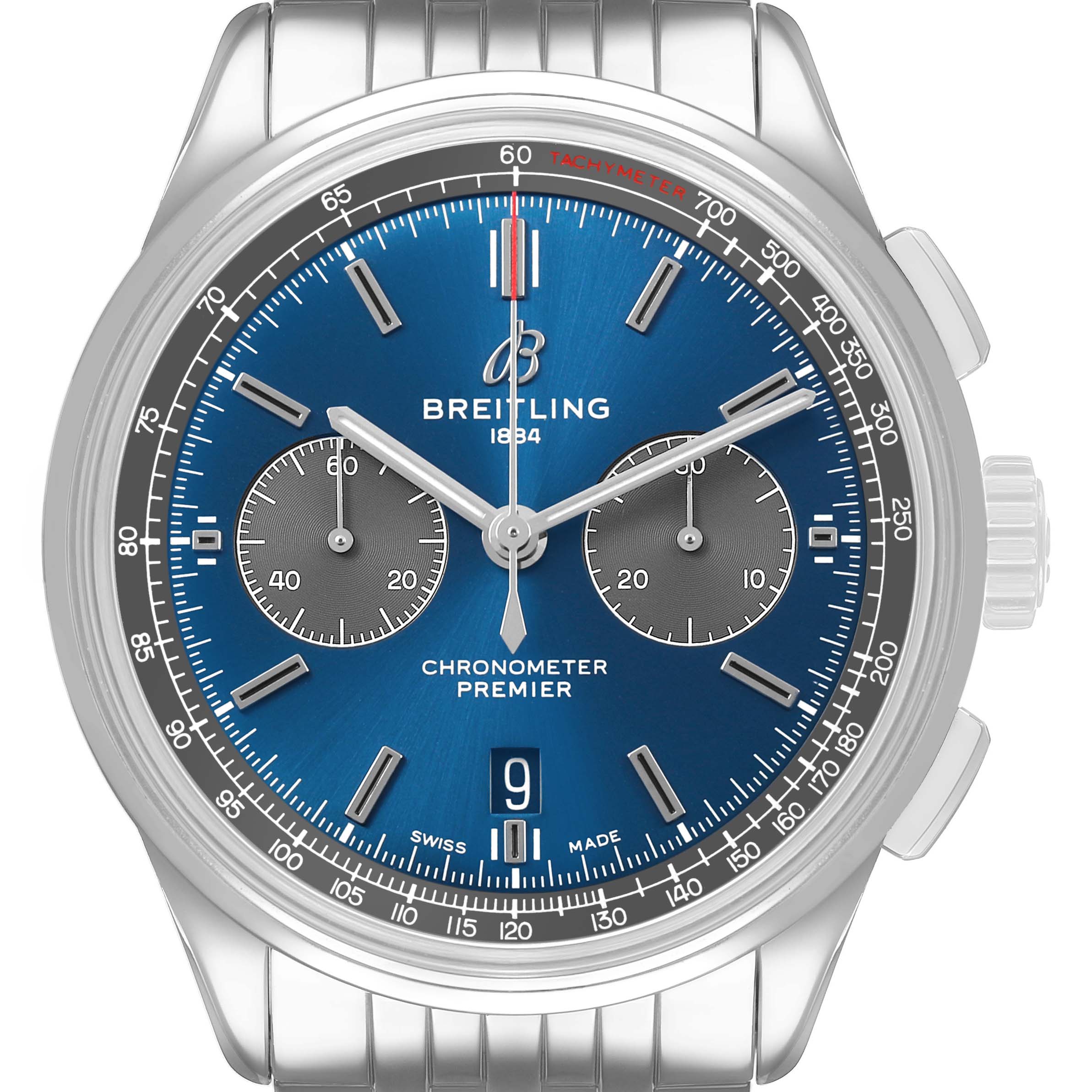 The Breitling Premier AB0118 Men's Stainless Steel Blue Dial watch is shown from a front angle, displaying its blue dial, chronograph subdials, and stainless steel bracelet.