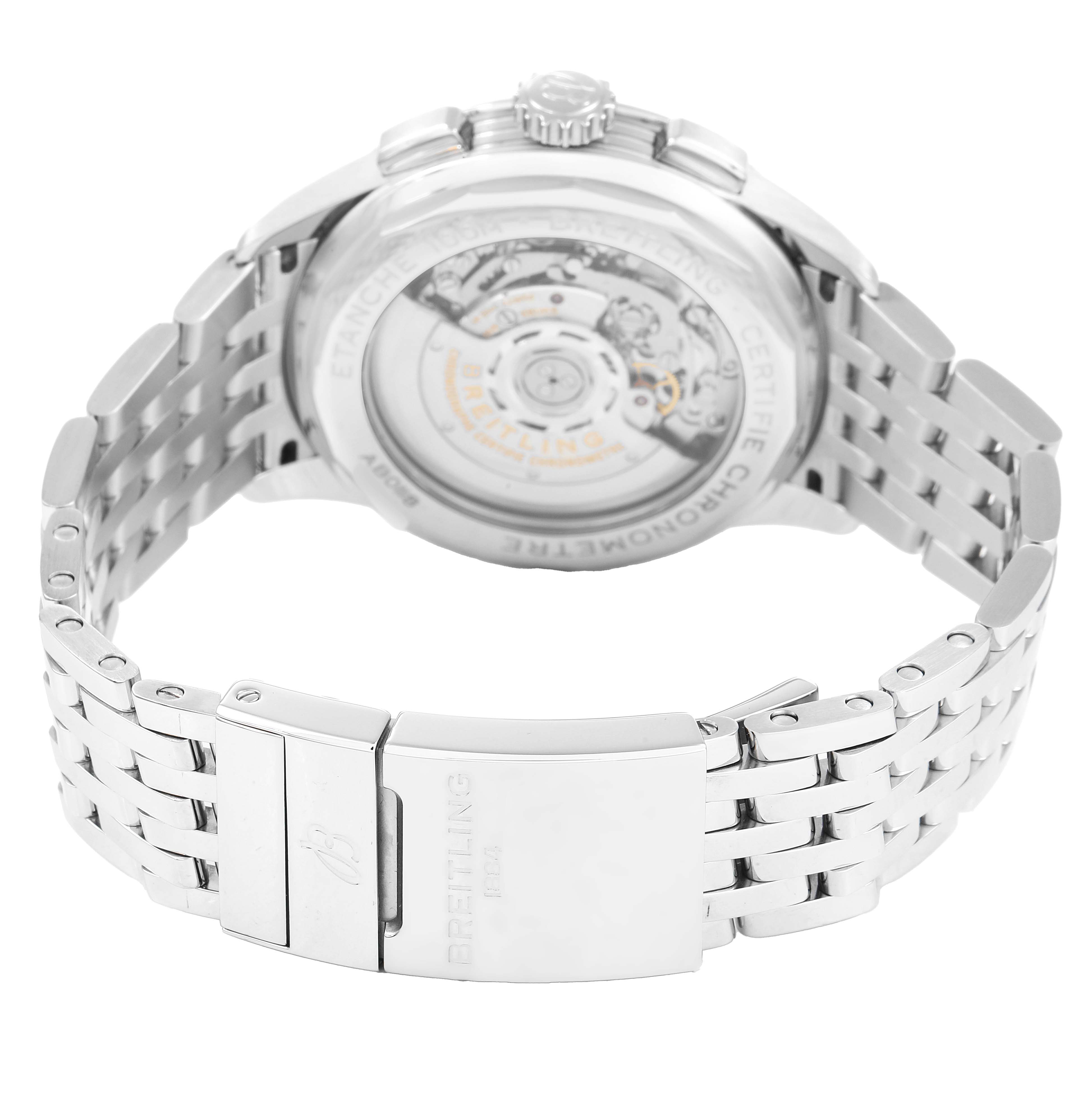 The image shows the back of a Breitling Premier AB0118 Men's Stainless Steel Blue Dial watch, highlighting its transparent case back and metal bracelet clasp.