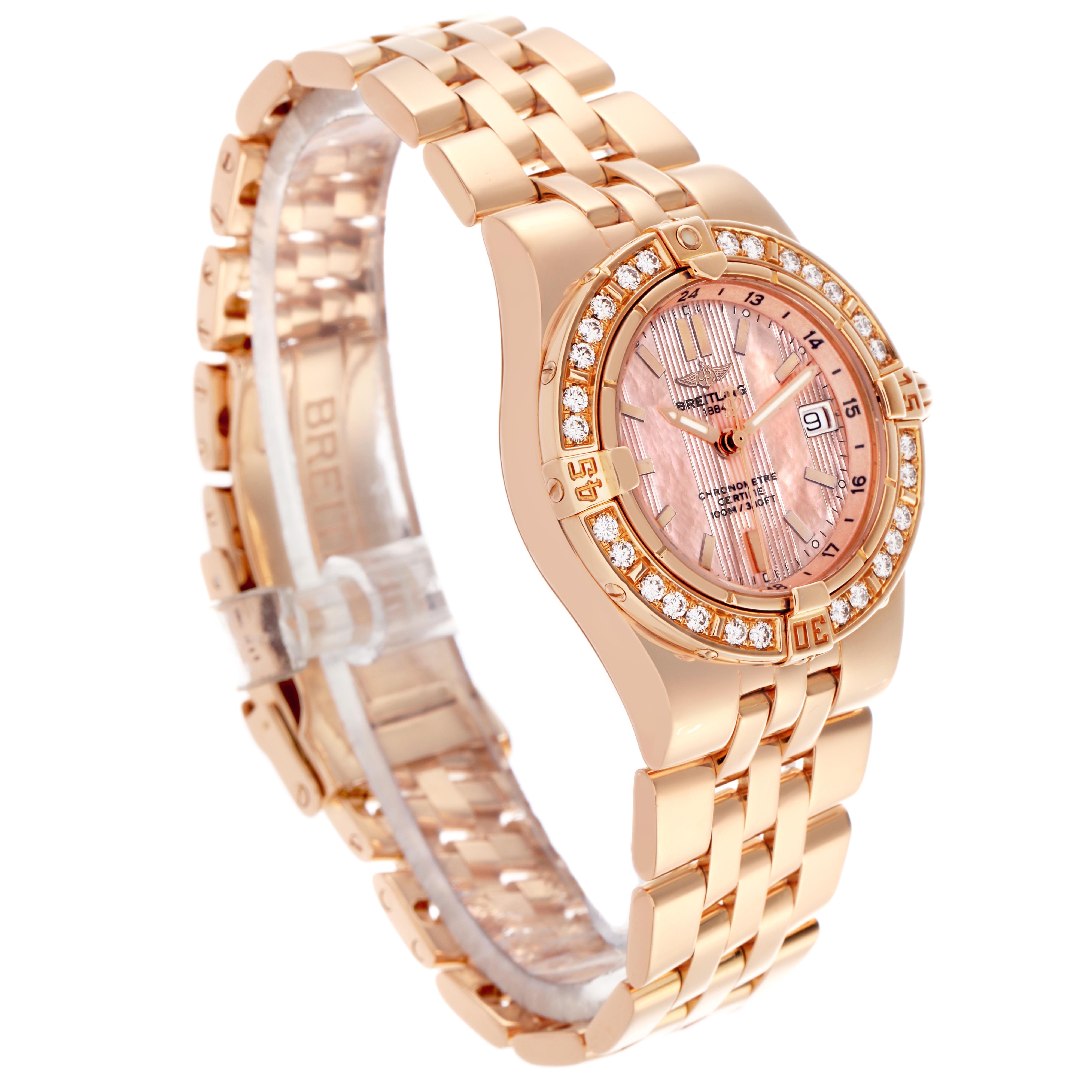 The Breitling H71340 Women's Rose Gold Mother of Pearl Dial H71340 Women's Rose Gold Mother of Pearl Dial Starliner H71340 is shown at a three-quarter angle, highlighting the diamond bezel and mother of pearl dial.