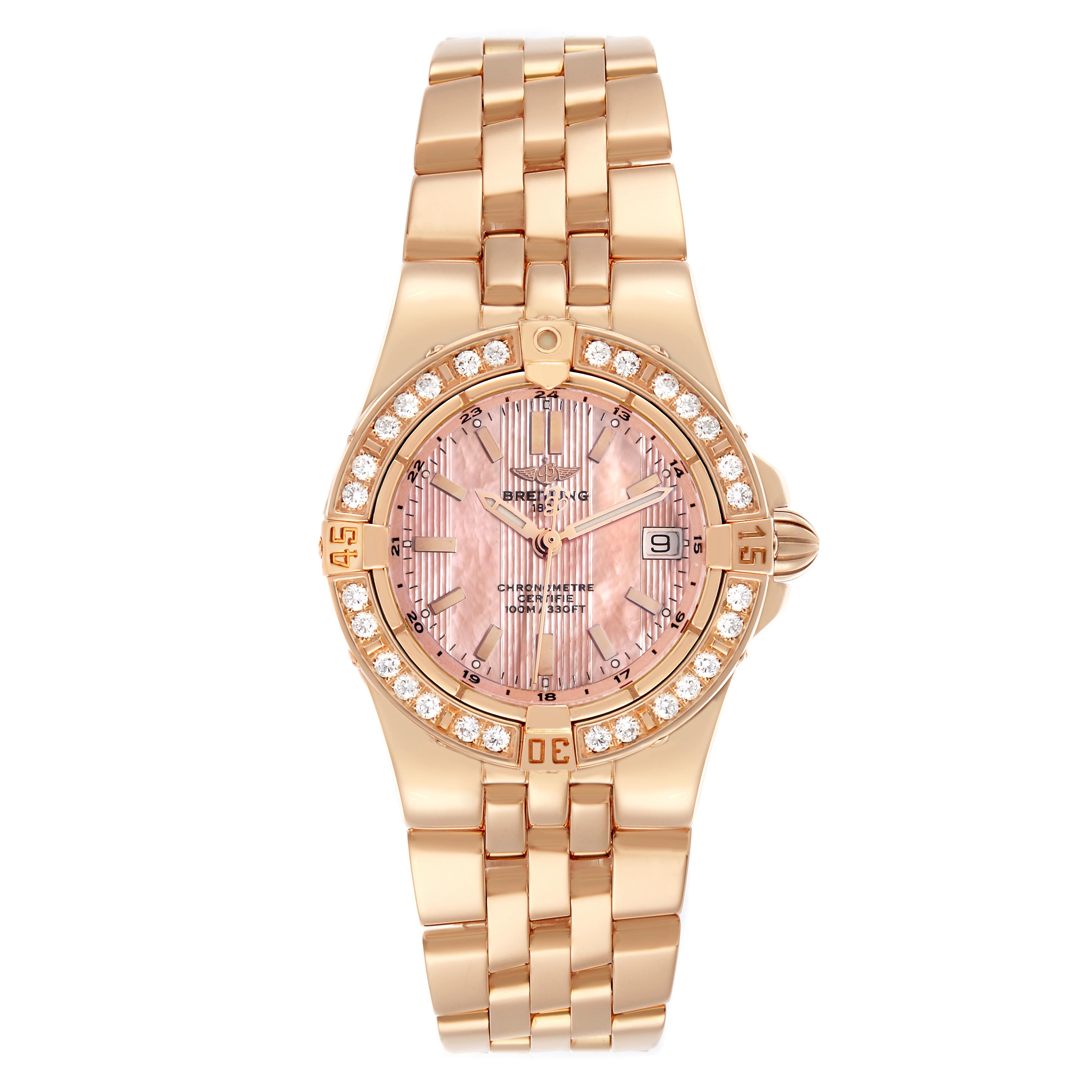 The Breitling H71340 Women's Rose Gold Mother of Pearl Dial H71340 Women's Rose Gold Mother of Pearl Dial Starliner H71340 watch is shown from a top view, displaying the dial, bezel, and bracelet.