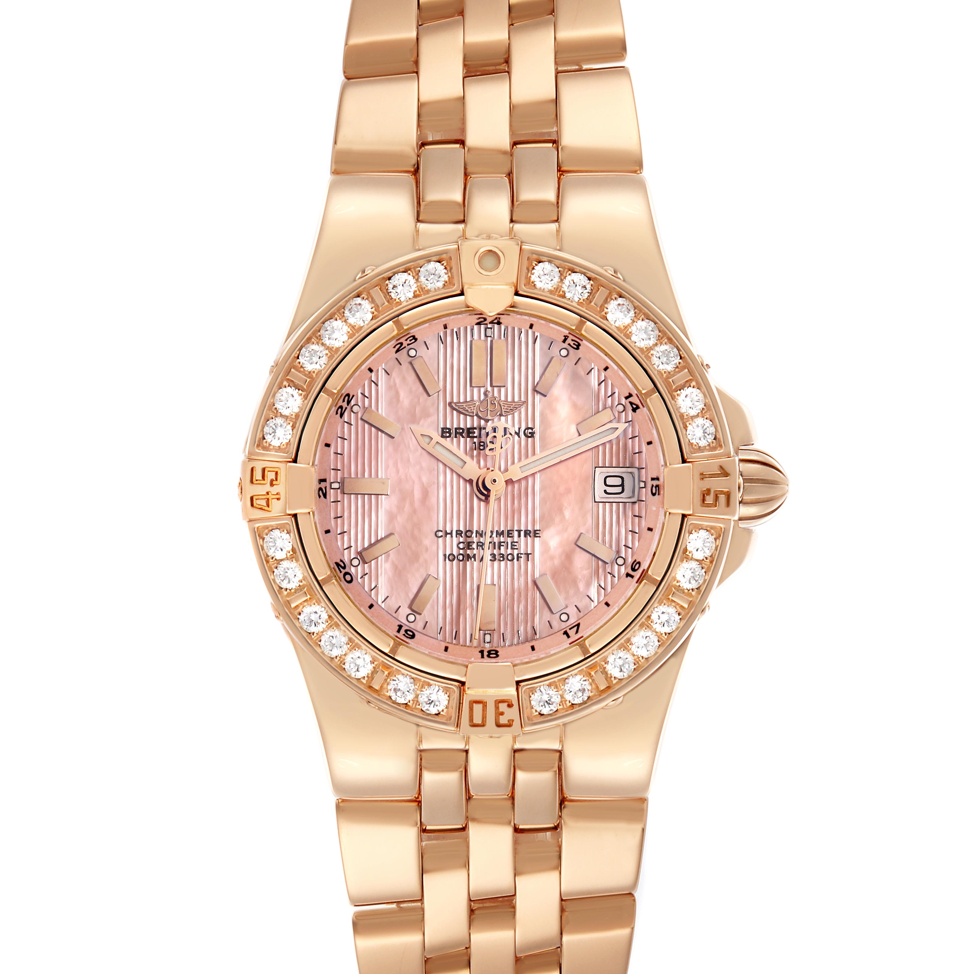 The Breitling H71340 Women's Rose Gold Mother of Pearl Dial H71340 Women's Rose Gold Mother of Pearl Dial Starliner H71340 is shown from the front, highlighting its yellow gold case, diamond bezel, and mother of pearl dial.