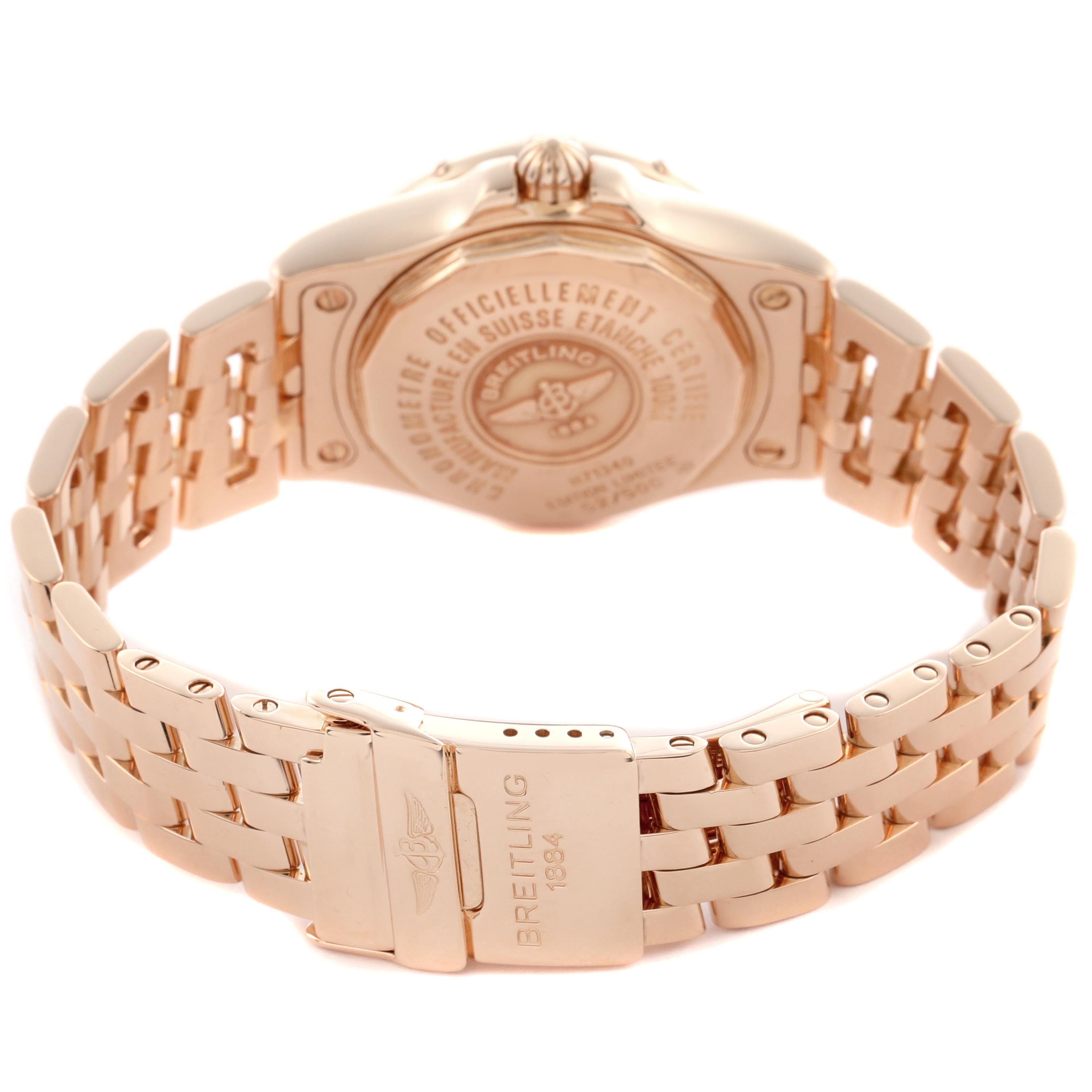 The image shows the back case and bracelet of the Breitling H71340 Women's Rose Gold Mother of Pearl Dial H71340 Women's Rose Gold Mother of Pearl Dial Starliner Yellow Gold Mother of Pearl Diamond Ladies Watch H71340.