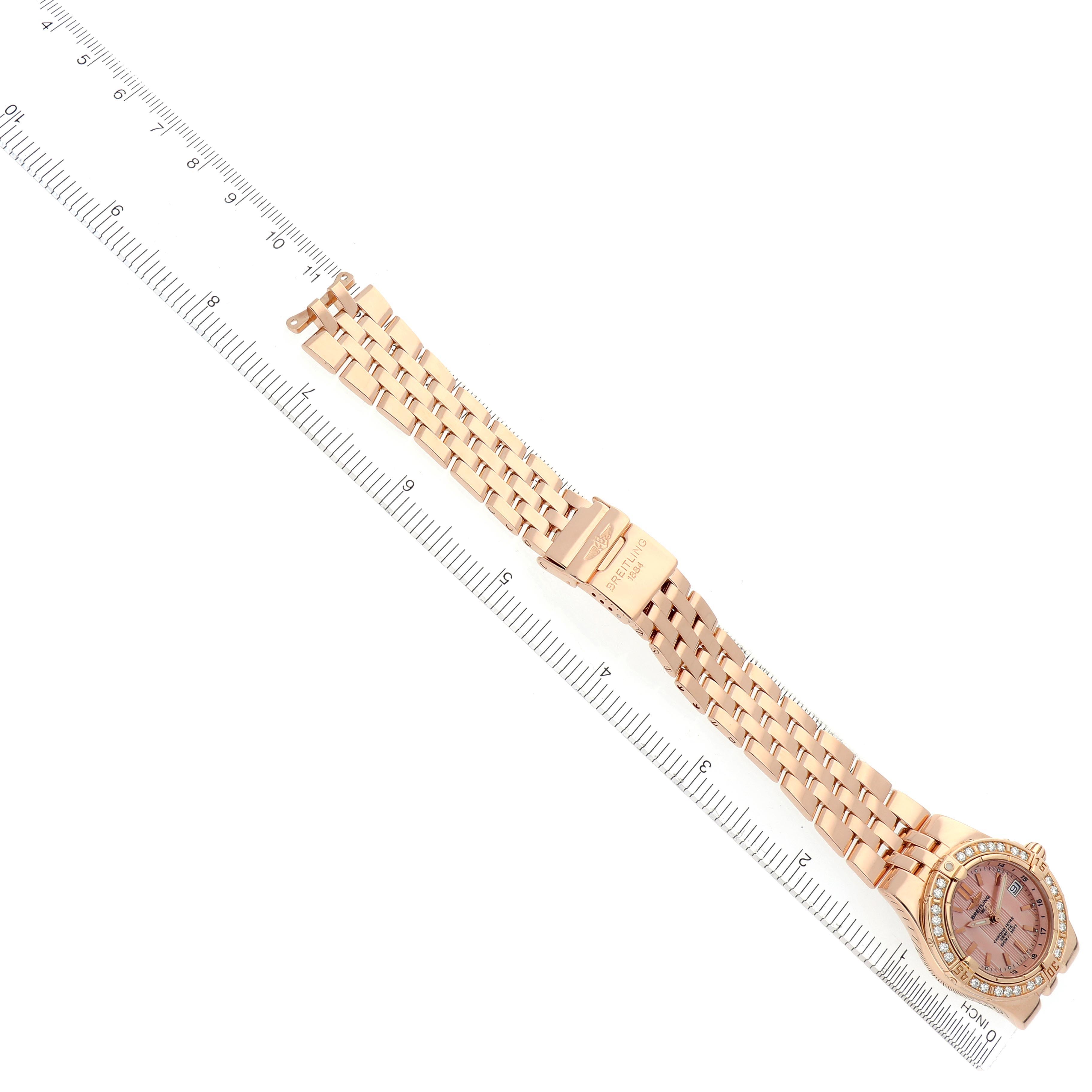 The Breitling H71340 Women's Rose Gold Mother of Pearl Dial H71340 Women's Rose Gold Mother of Pearl Dial Starliner Yellow Gold Mother of Pearl Diamond Ladies Watch H71340 is shown diagonally with the face and entire bracelet visible.