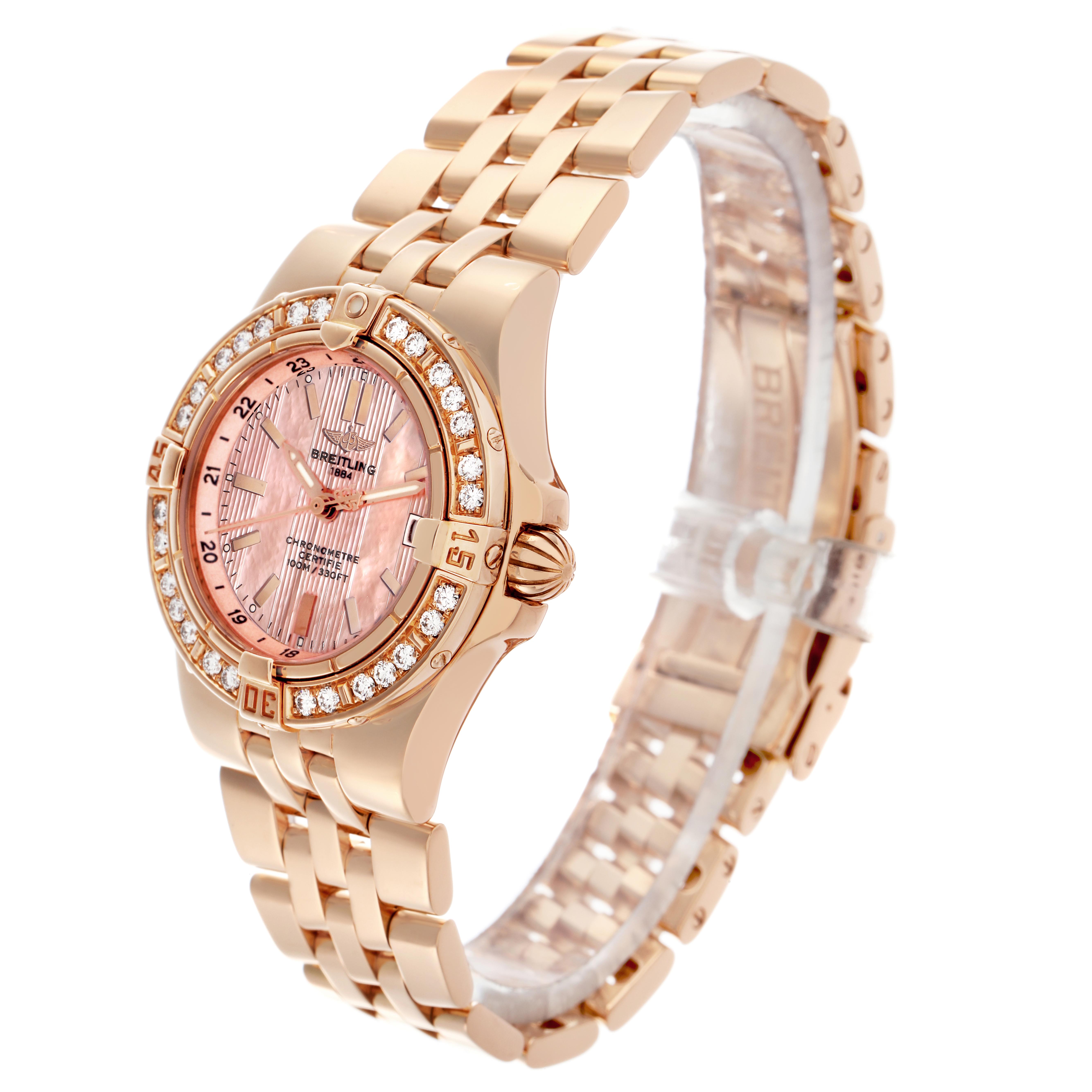 The Breitling H71340 Women's Rose Gold Mother of Pearl Dial H71340 Women's Rose Gold Mother of Pearl Dial Starliner H71340 watch is shown at a three-quarter angle, highlighting the bracelet, bezel, and face.