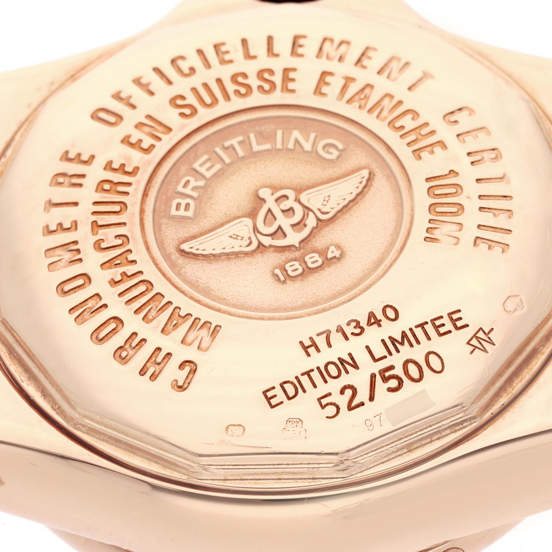 The image shows the back of the Breitling H71340 Women's Rose Gold Mother of Pearl Dial H71340 Women's Rose Gold Mother of Pearl Dial Starliner H71340 watch, highlighting engravings and markings.