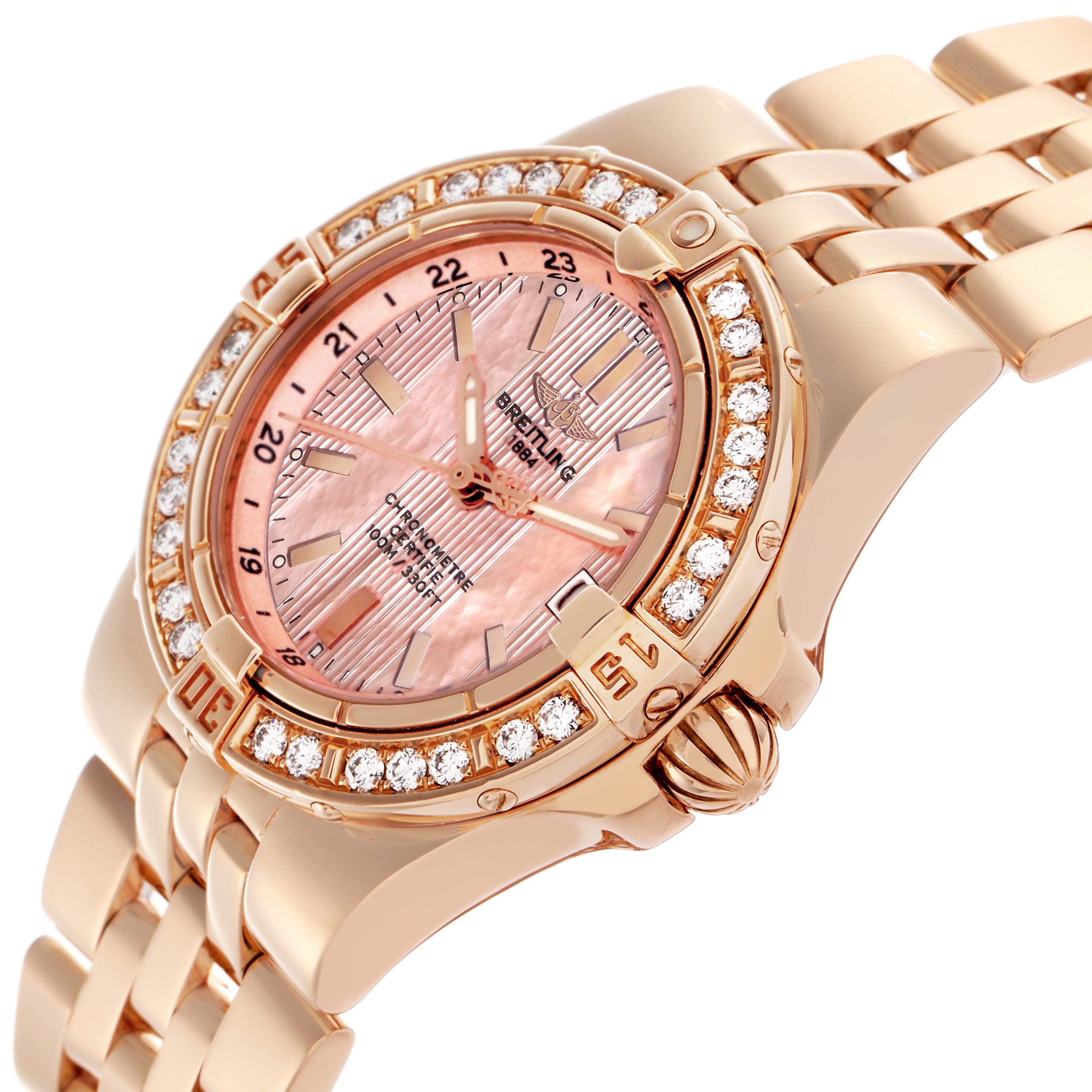 The image shows a side view of the Breitling H71340 Women's Rose Gold Mother of Pearl Dial H71340 Women's Rose Gold Mother of Pearl Dial Starliner H71340, highlighting its yellow gold band, mother of pearl dial, and diamond-set bezel.