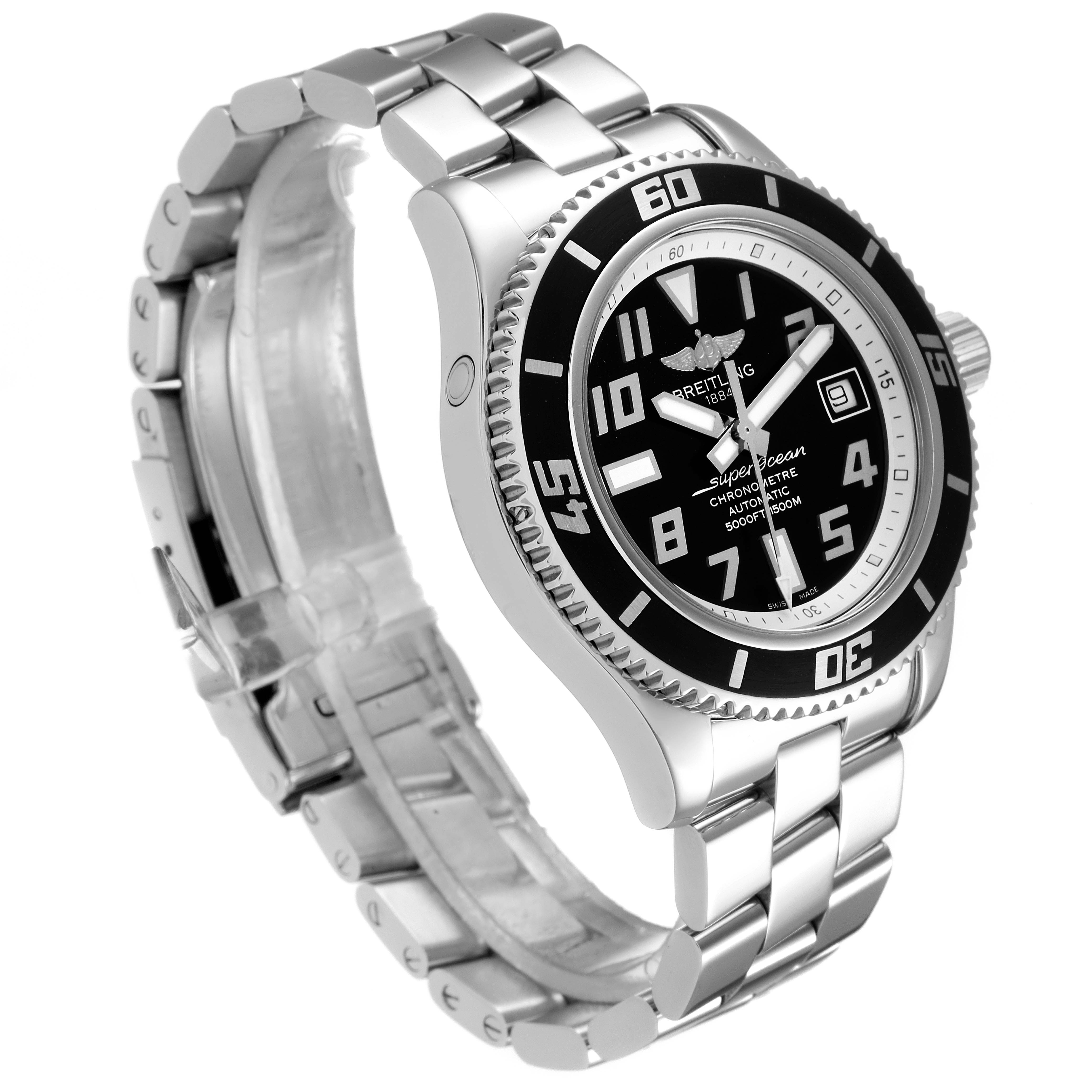 The Breitling Superocean A17364 Men
s Stainless Steel Black Dial A17364 Men
s Stainless Steel Black Dial watch is shown at an angle displaying its face, bezel, and stainless steel bracelet.