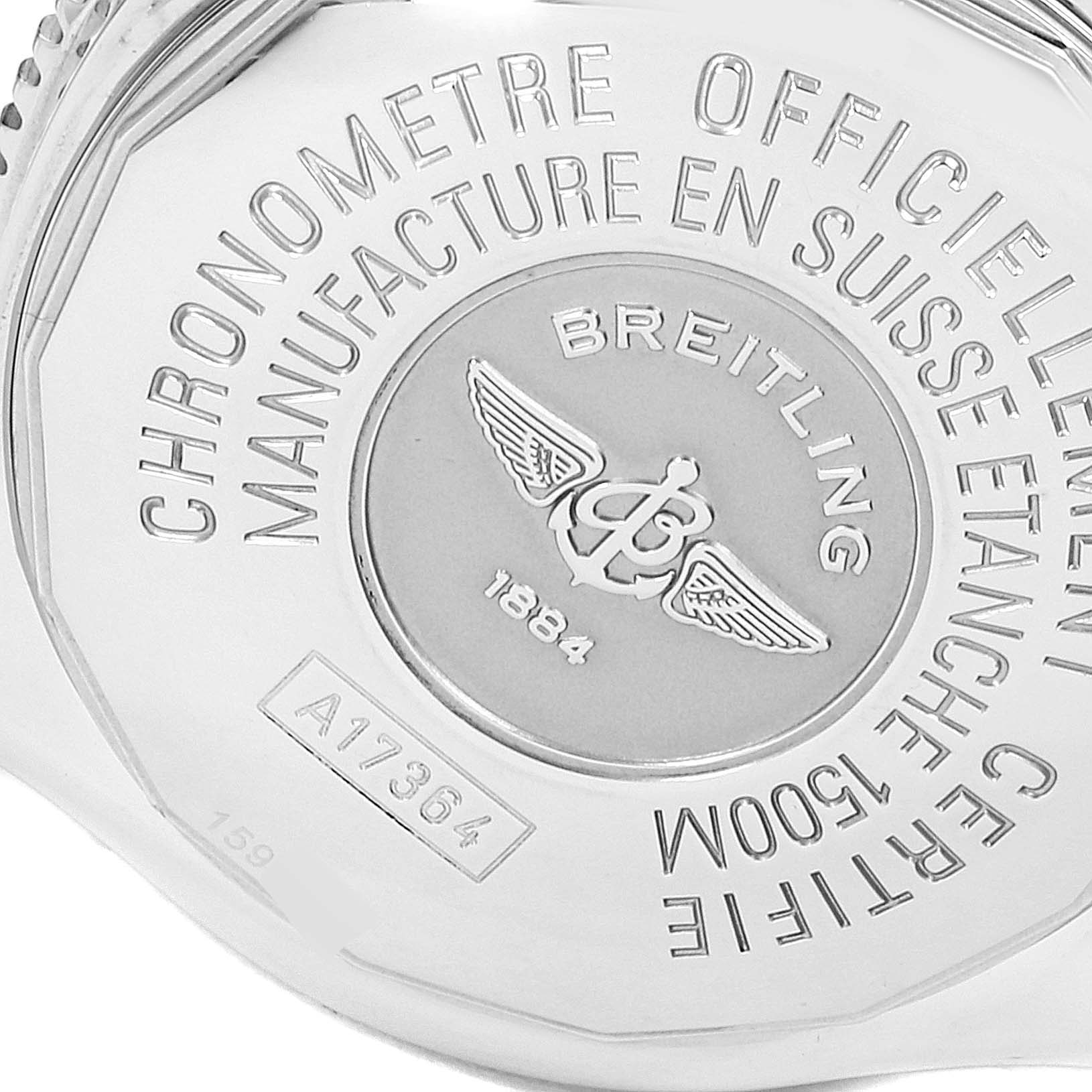 This image shows the engraved case back of a Breitling Superocean A17364 Men
s Stainless Steel Black Dial A17364 Men
s Stainless Steel Black Dial watch, displaying model details and brand logos.
