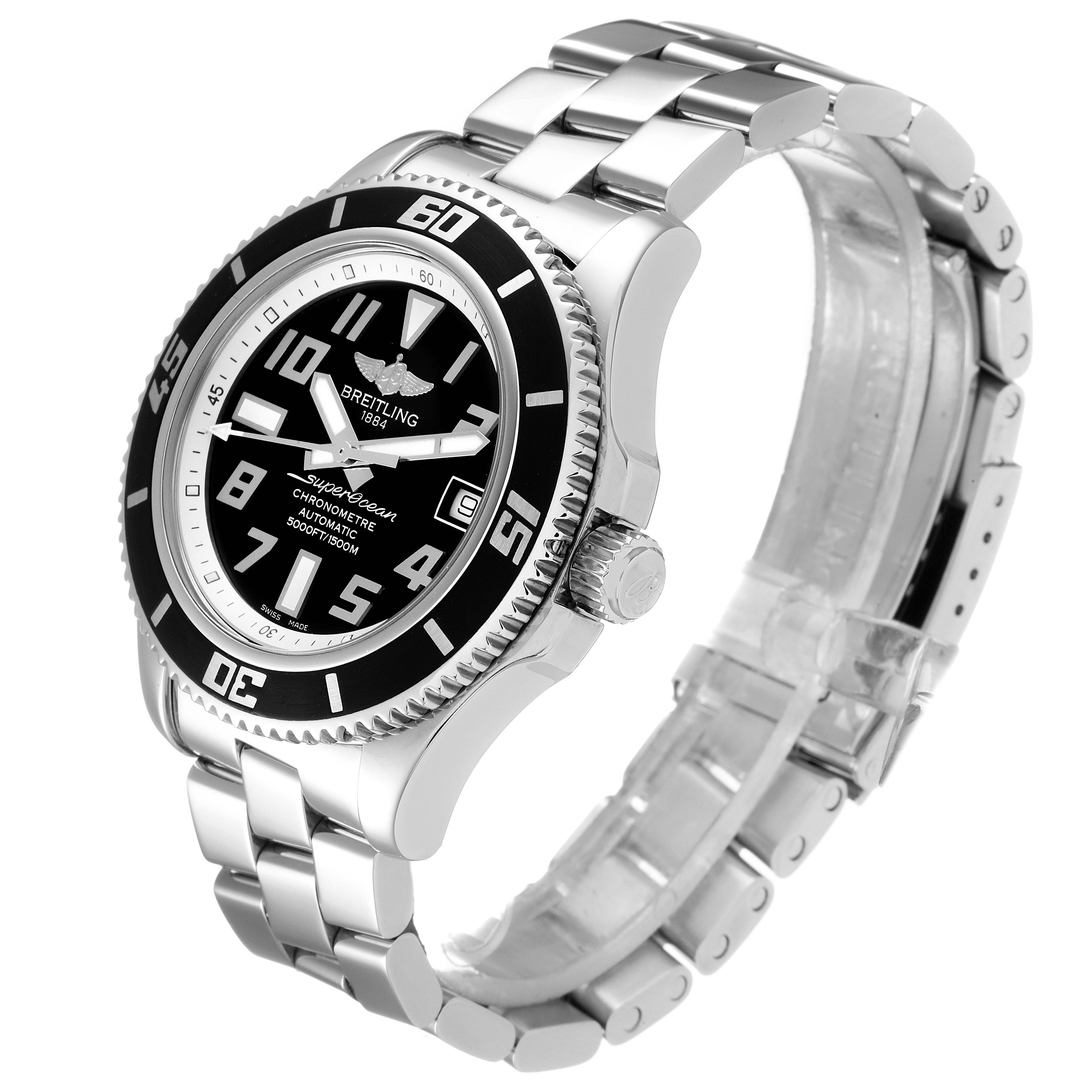 This image shows a Breitling Superocean A17364 Men
s Stainless Steel Black Dial A17364 Men
s Stainless Steel Black Dial watch angled from the front right, showcasing its face, bezel, crown, and stainless steel bracelet.