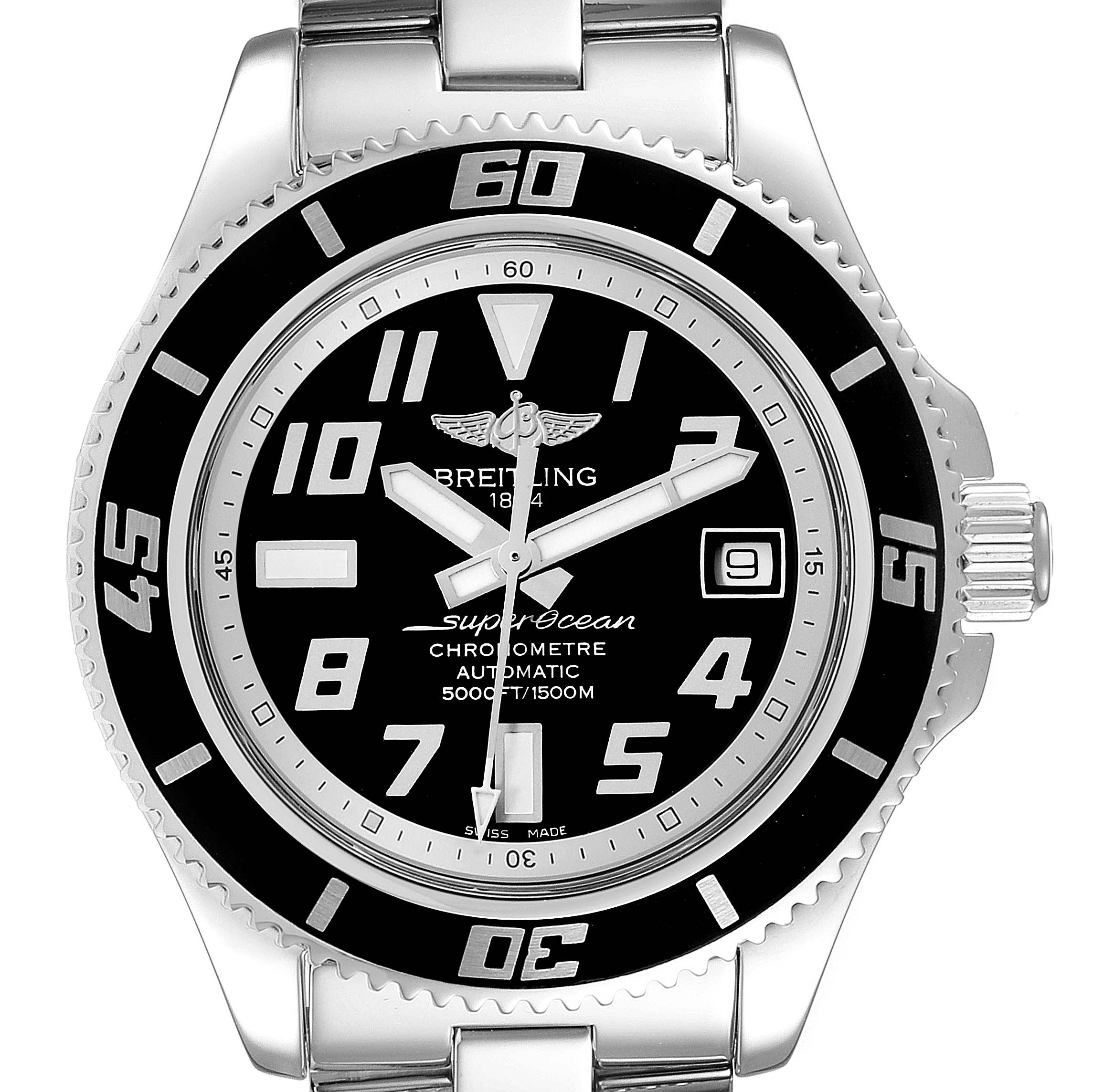The image shows a front view of the Breitling Superocean A17364 Men
s Stainless Steel Black Dial A17364 Men
s Stainless Steel Black Dial watch, highlighting the dial, bezel, case, and part of the bracelet.