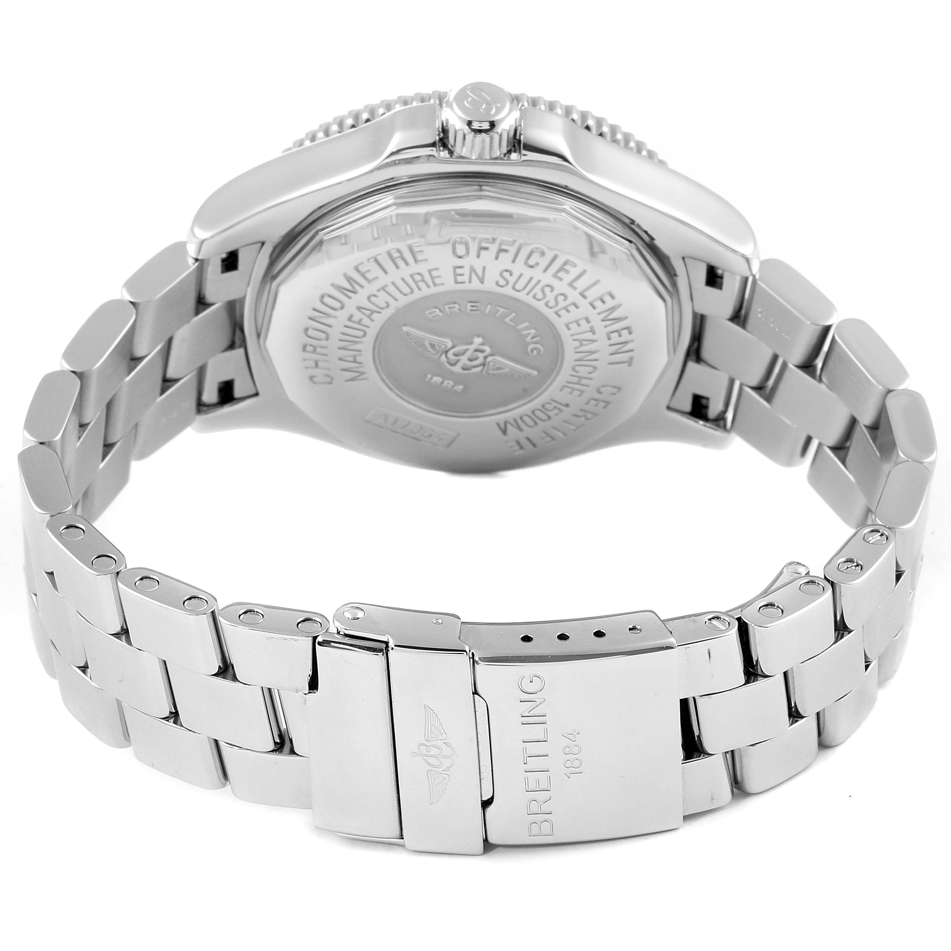 The image shows the back and side of the Breitling Superocean A17364 Men
s Stainless Steel Black Dial A17364 Men
s Stainless Steel Black Dial watch, highlighting the case back and metal bracelet clasp.