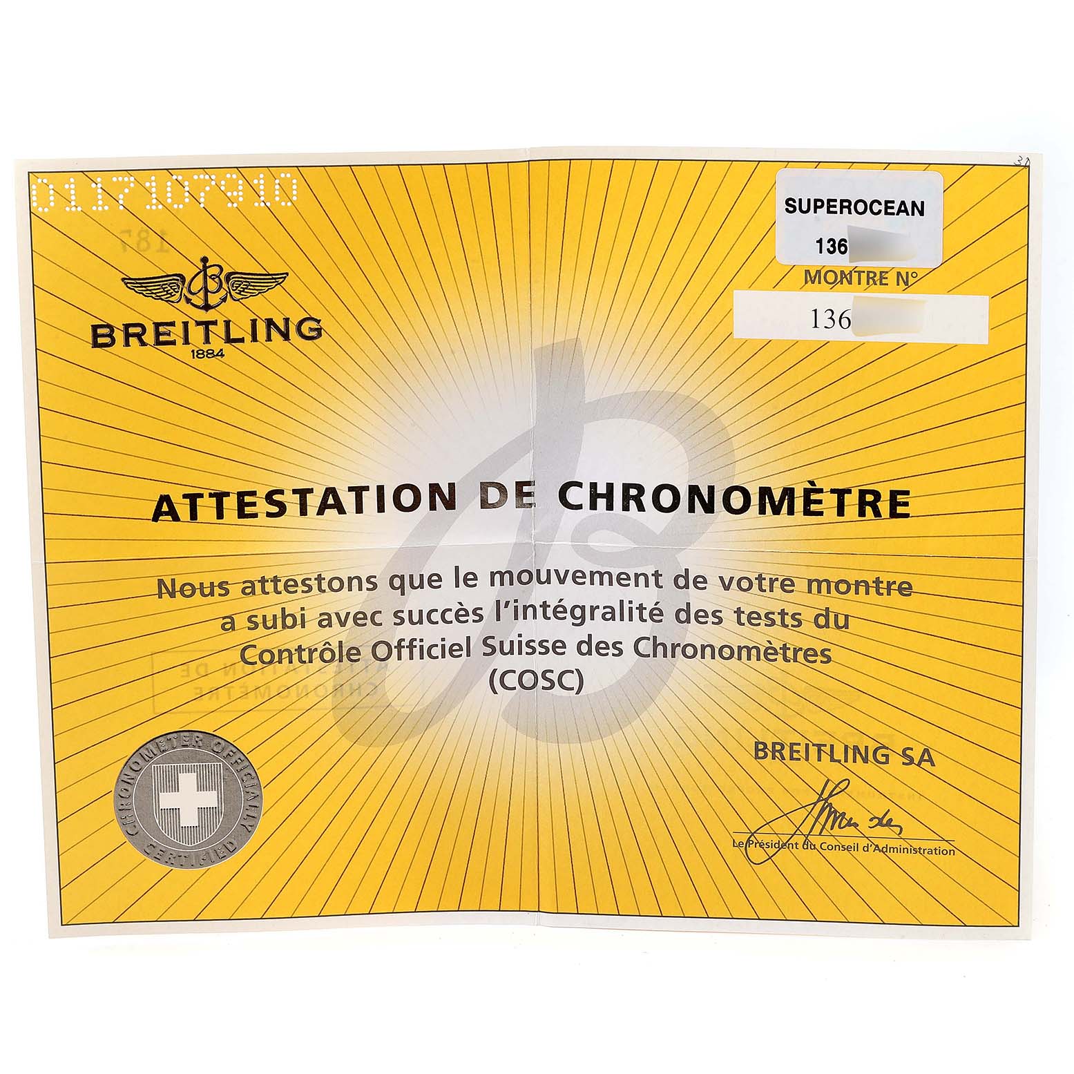 The image shows a chronometer certification document for the Breitling Superocean A17364 Men
s Stainless Steel Black Dial A17364 Men
s Stainless Steel Black Dial model, with relevant details and official stamps.