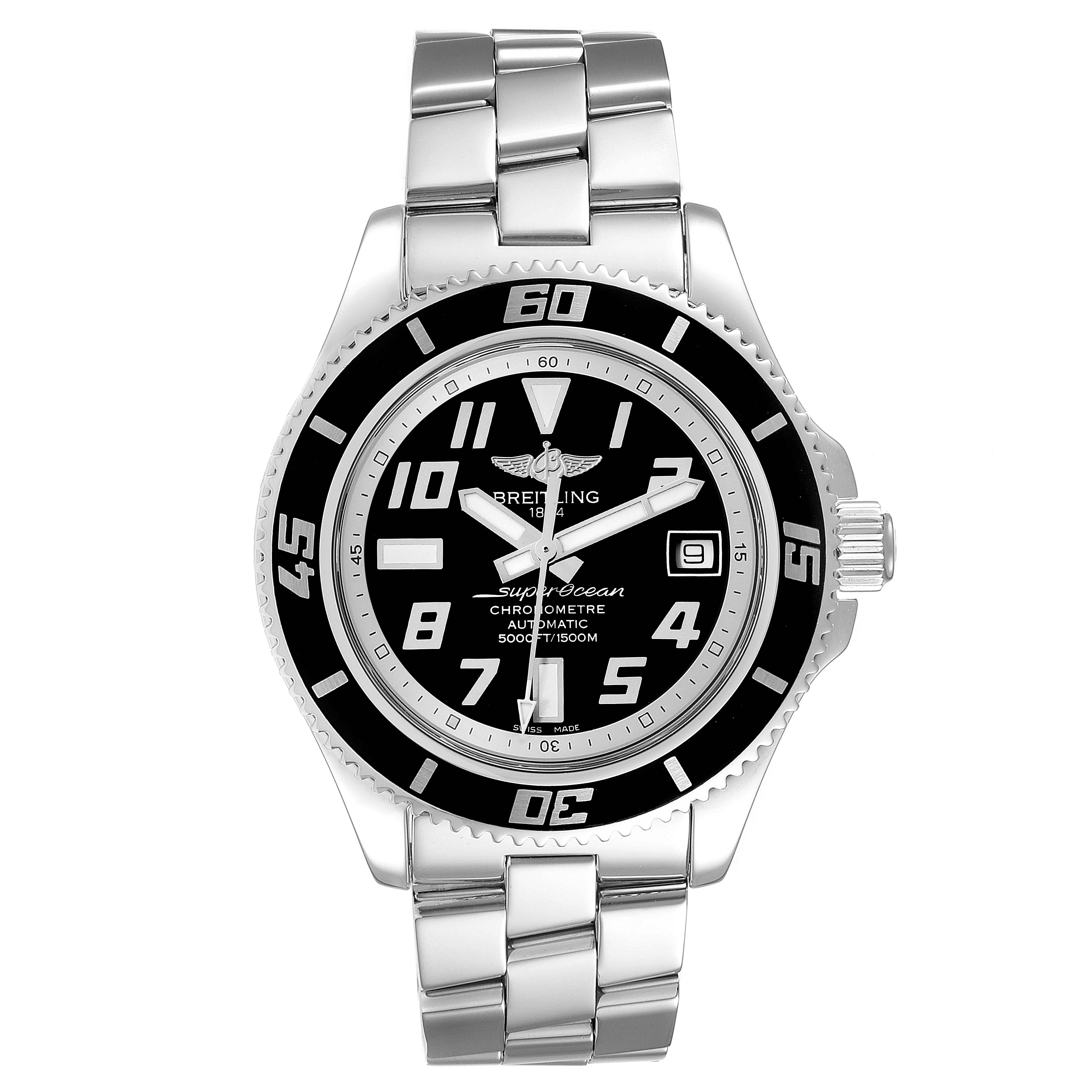 The image shows a front view of a Breitling Superocean A17364 Men
s Stainless Steel Black Dial A17364 Men
s Stainless Steel Black Dial watch, displaying the face, bezel, and stainless steel bracelet.