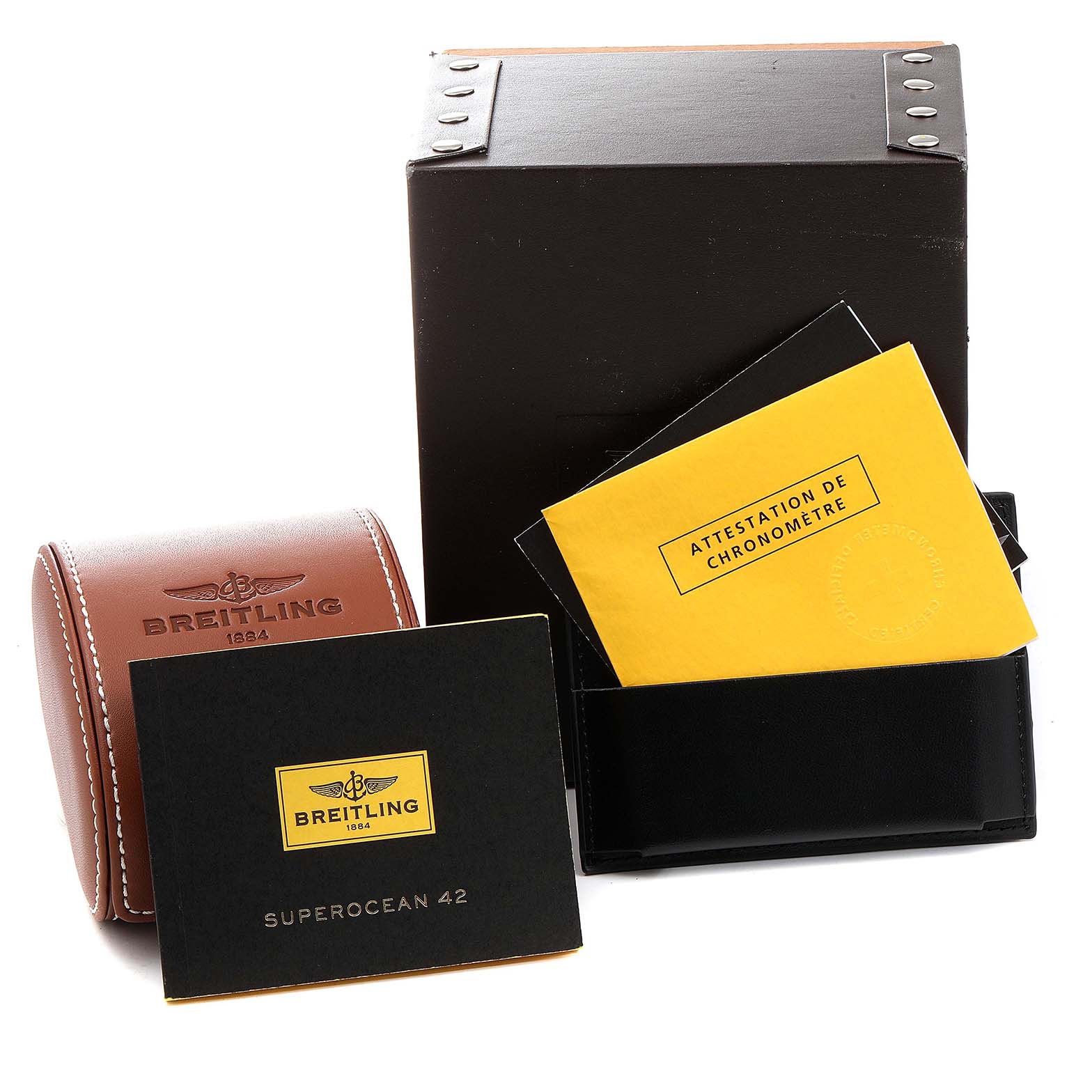 The image shows the packaging, a leather case with "Breitling" embossed, and documents for the Breitling Superocean A17364 Men
s Stainless Steel Black Dial A17364 Men
s Stainless Steel Black Dial model.