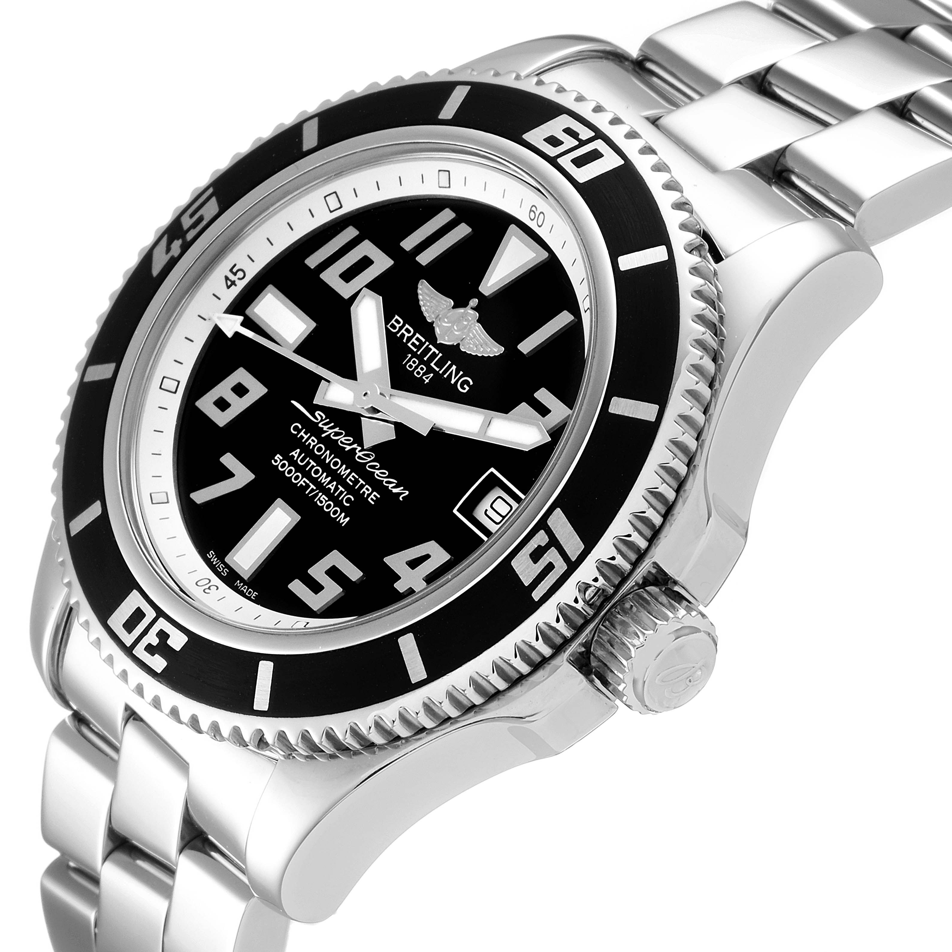 The image shows a close-up angle of the Breitling Superocean A17364 Men
s Stainless Steel Black Dial A17364 Men
s Stainless Steel Black Dial watch, highlighting the face, bezel, crown, and part of the band.