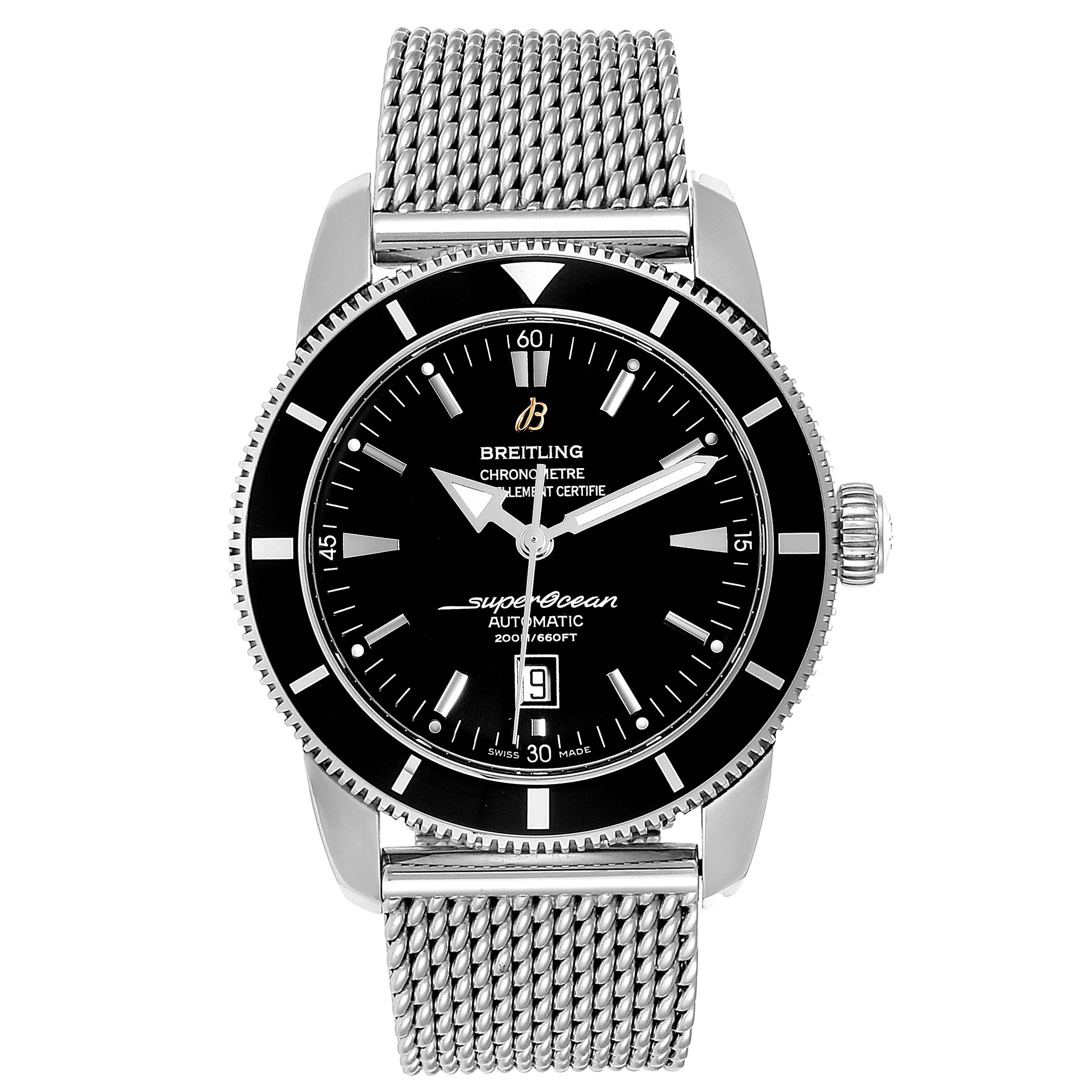 The image shows a front view of a Breitling Superocean A17320 Men's Stainless Steel Black Dial A17320 Men's Stainless Steel Black Dial watch, including its mesh strap and black dial with date display.