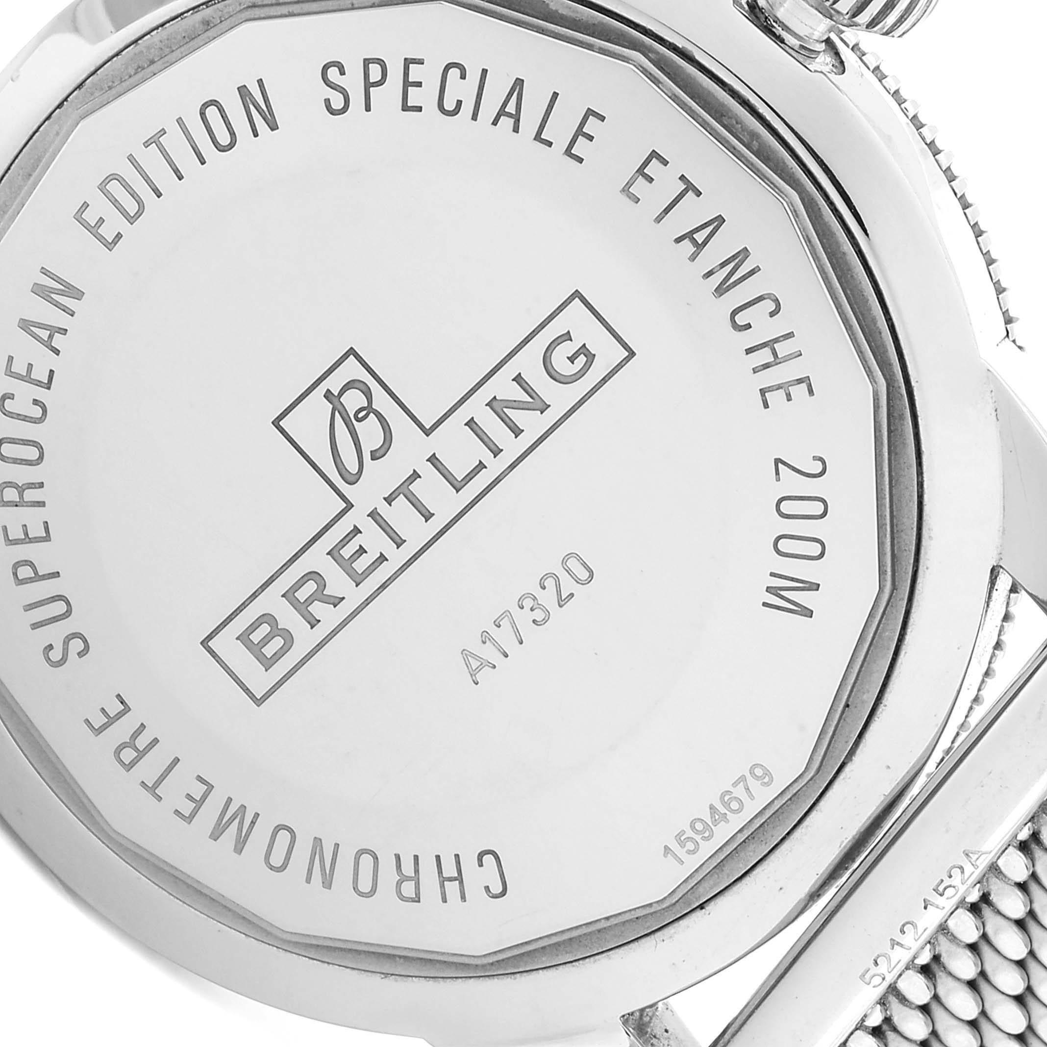 This image shows the back case of a Breitling Superocean A17320 Men's Stainless Steel Black Dial A17320 Men's Stainless Steel Black Dial watch, highlighting its engravings and crown.