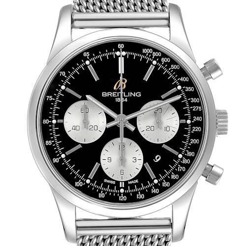 The Breitling Transocean AB0151 Men's Stainless Steel Black Dial watch is shown from the front, displaying its dial, subdials, stainless steel case, and mesh bracelet.