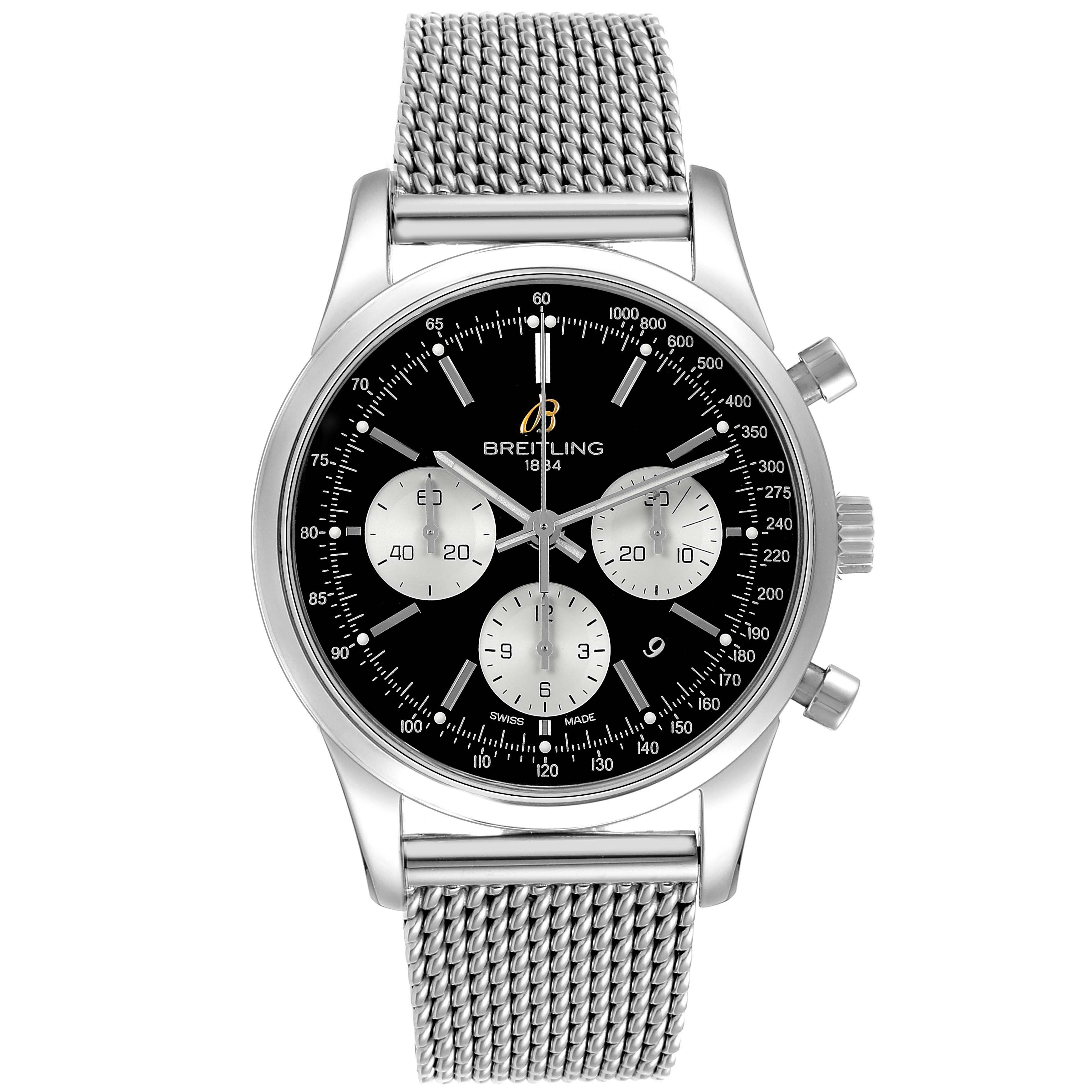 The Breitling Transocean AB0151 Men's Stainless Steel Black Dial watch is shown from the front, highlighting its dial, mesh bracelet, and side buttons.