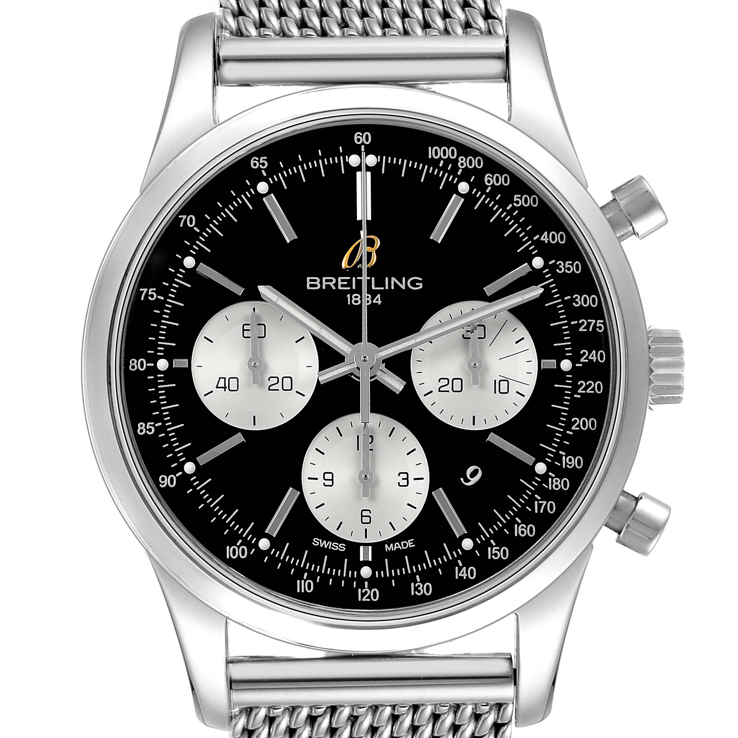 The Breitling Transocean AB0151 Men's Stainless Steel Black Dial watch is shown from a front angle, displaying the face, chronograph dials, and case with a mesh bracelet.