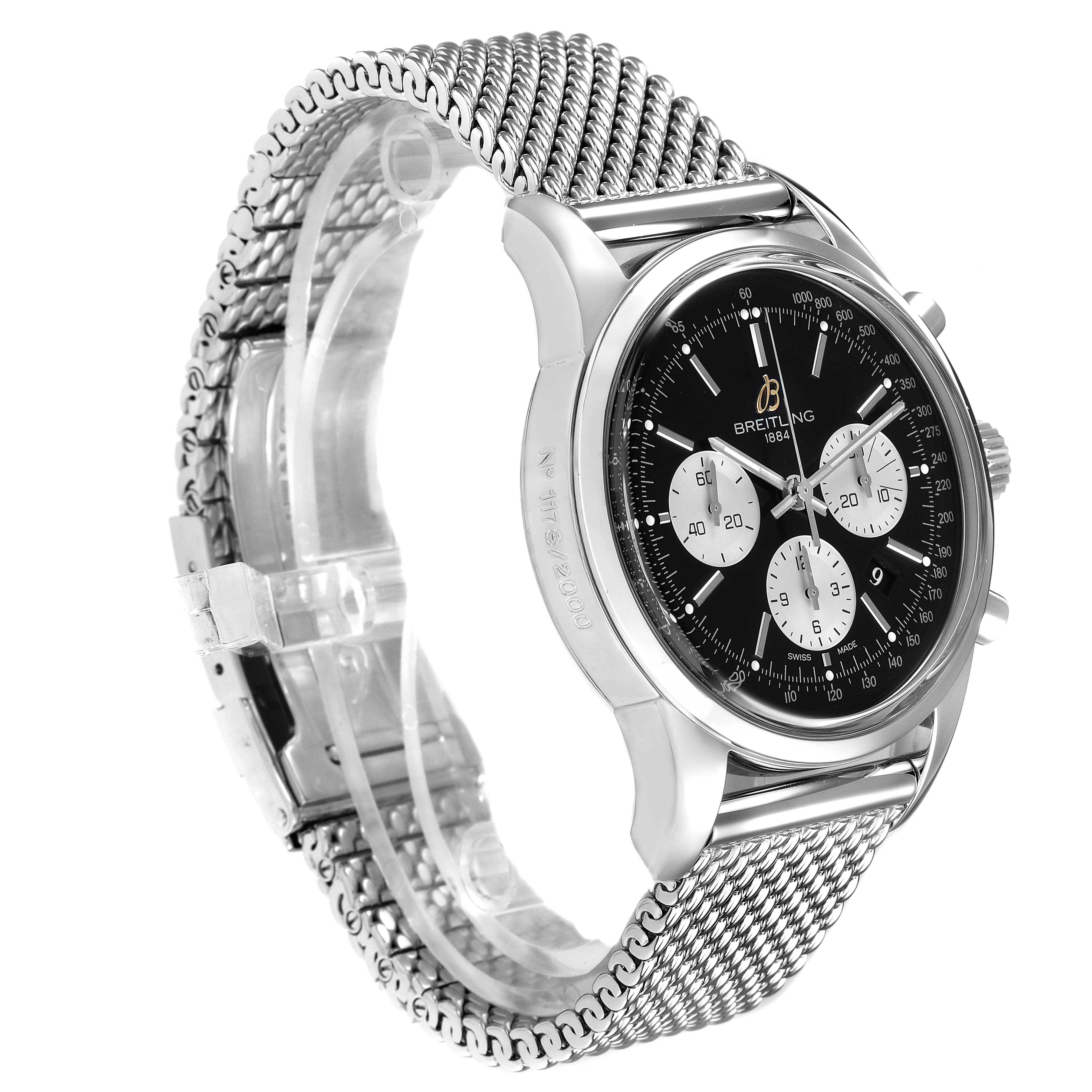 The Breitling Transocean AB0151 Men's Stainless Steel Black Dial watch is shown at a slight side angle, highlighting the mesh bracelet and chronograph face.