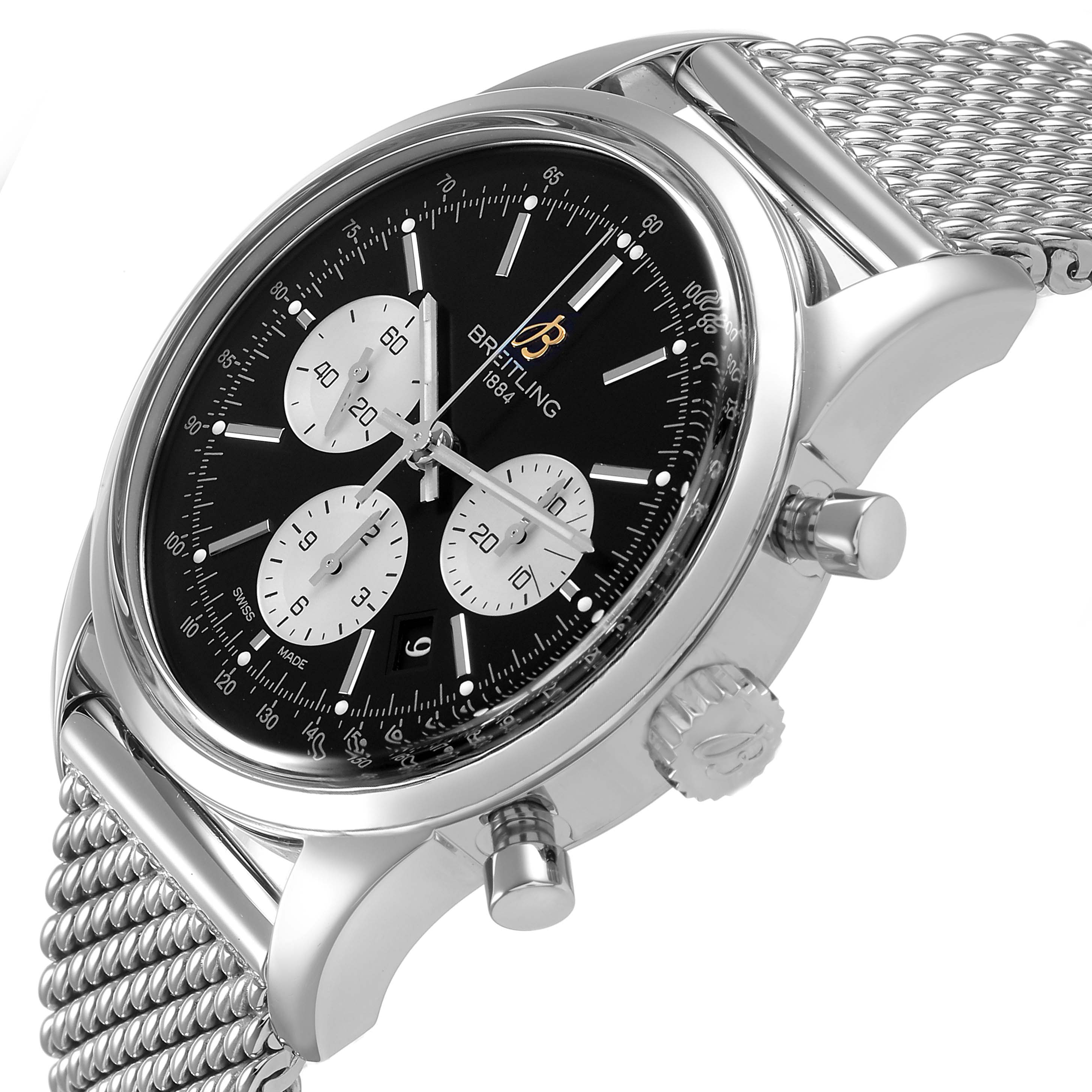 The Breitling Transocean AB0151 Men's Stainless Steel Black Dial watch is shown at an angled side view, displaying the dial, three subdials, crown, and mesh bracelet.