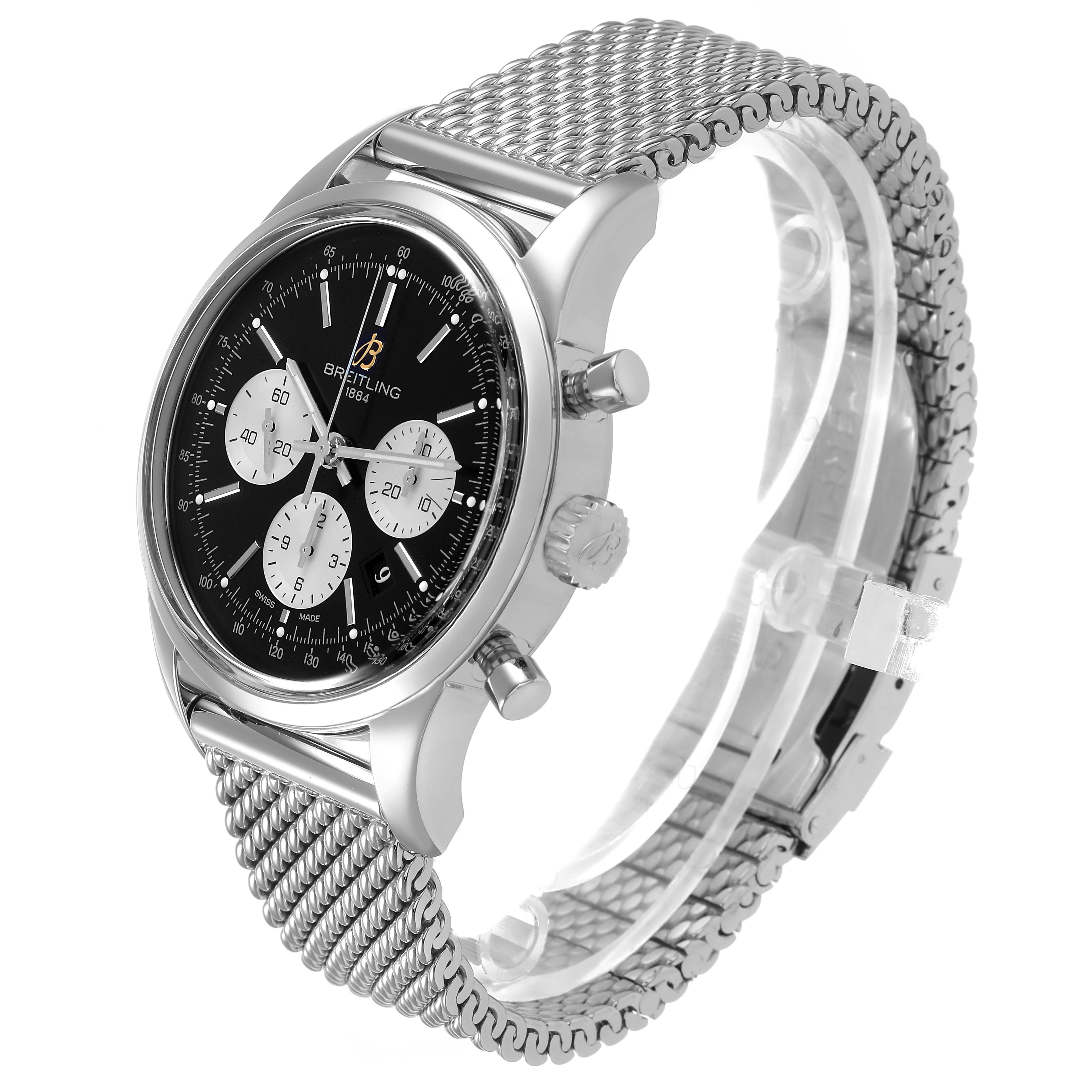 The Breitling Transocean AB0151 Men's Stainless Steel Black Dial watch is shown at a side angle, displaying the dial, crown, pushers, and metallic mesh strap.